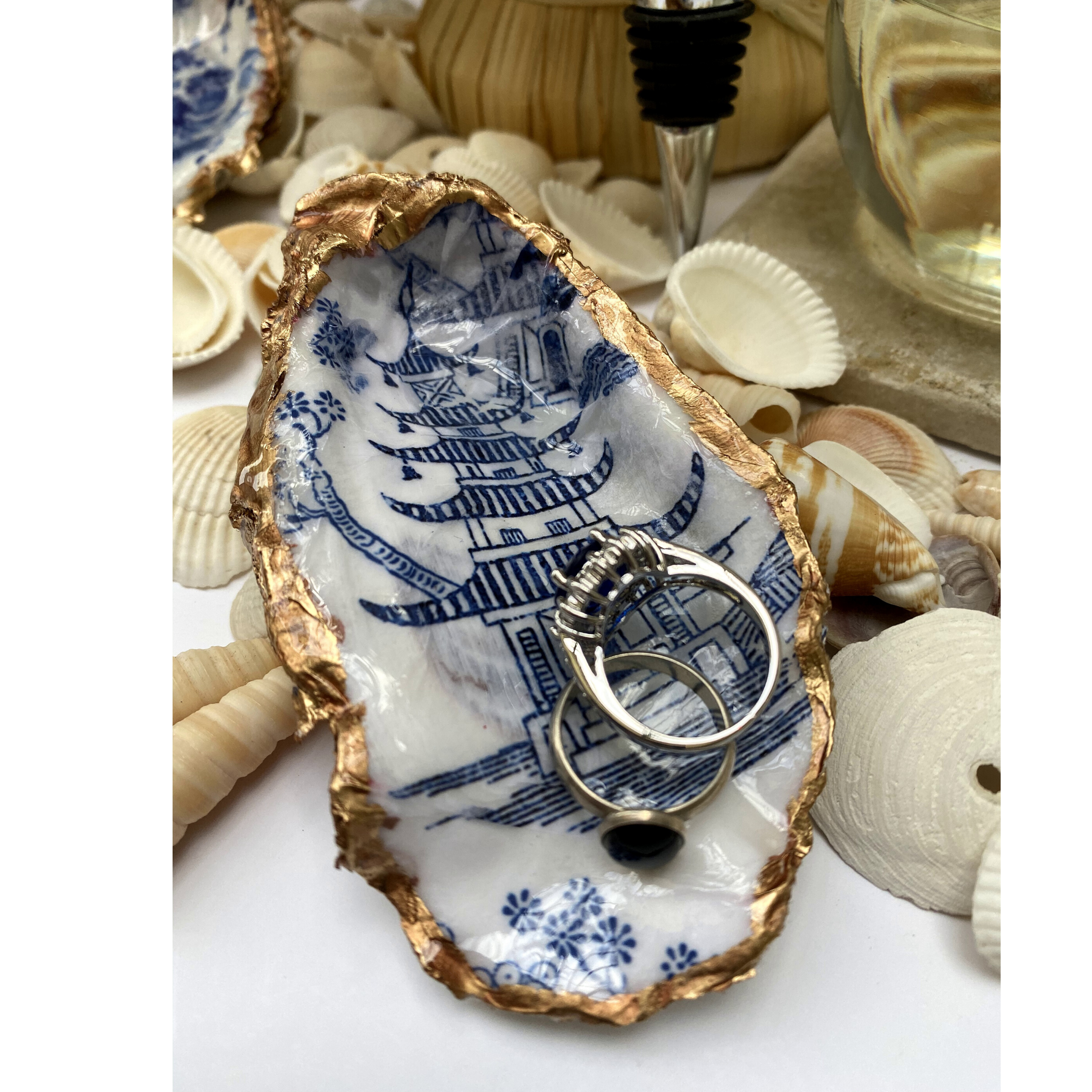 Oyster Shell Art | Blue Chinoiserie | Chinese Temple