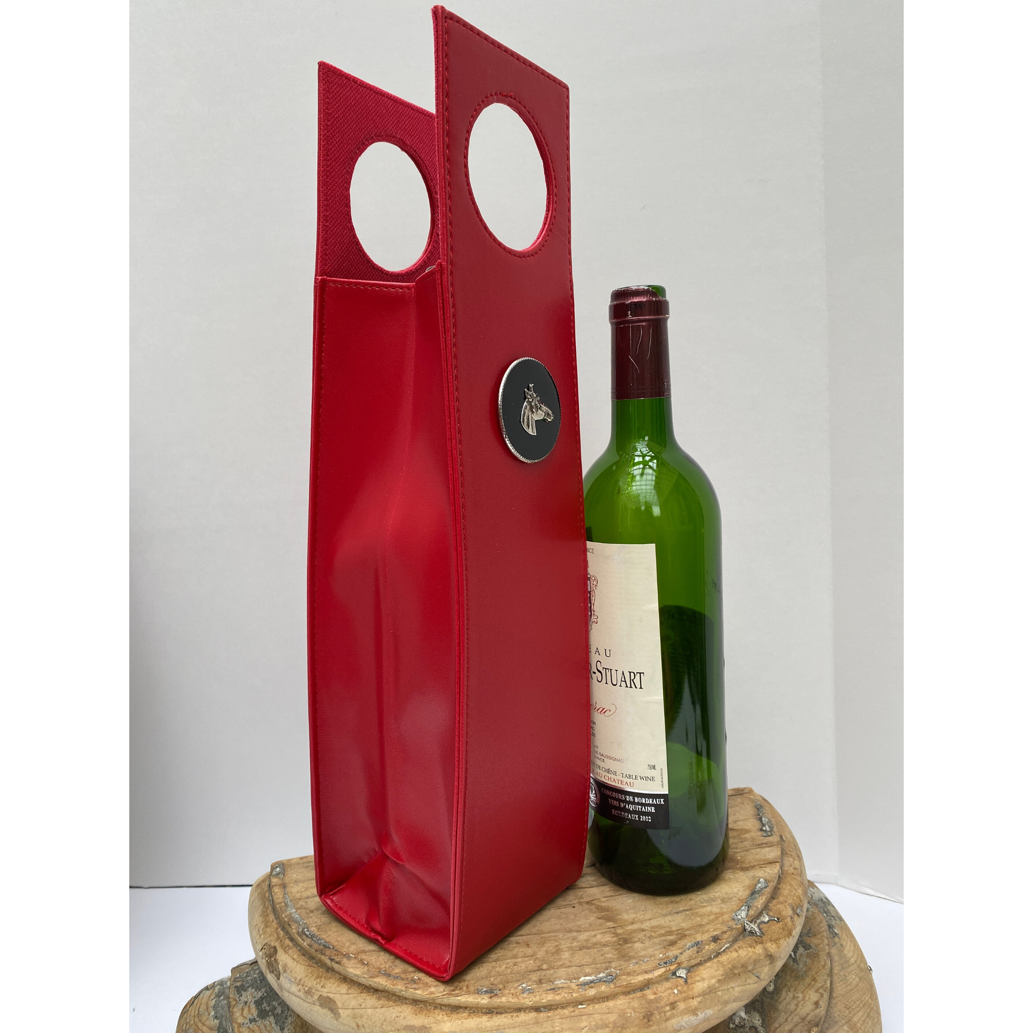 Red Beverage Carrier Black Enamel Silver Horse Head