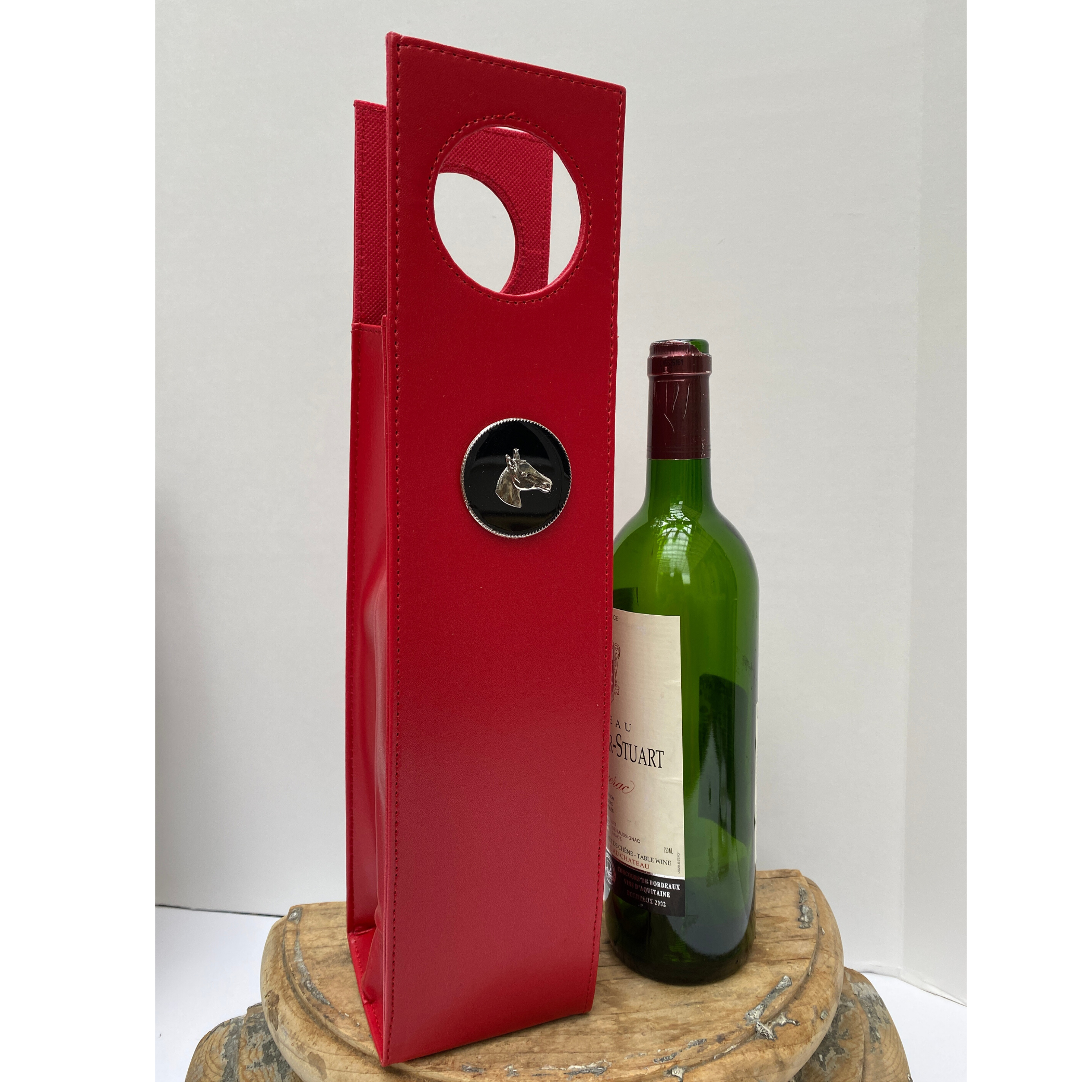 Red Beverage Carrier Black Enamel Silver Horse Head