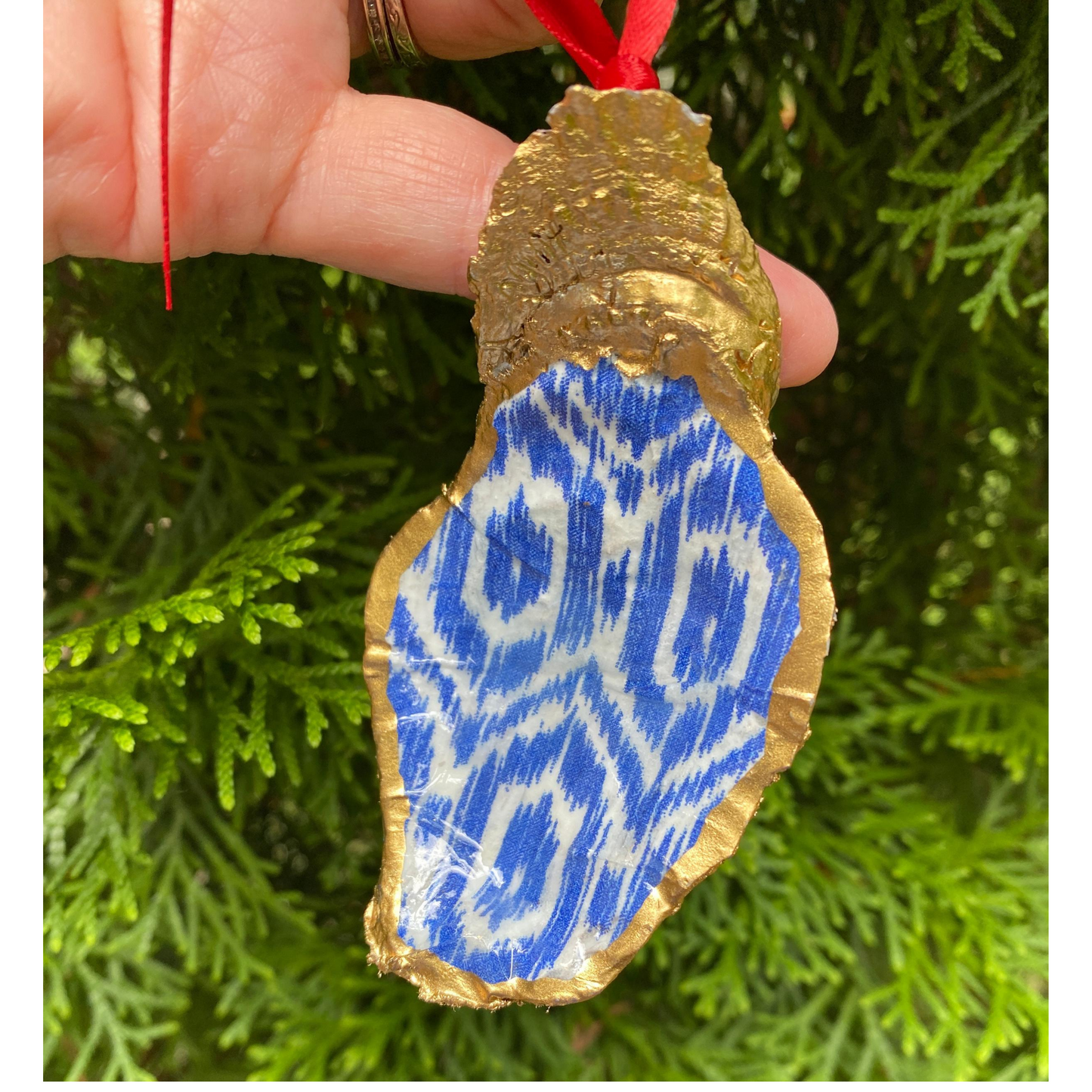 Oyster Shell Blue Ikat Christmas Ornament
