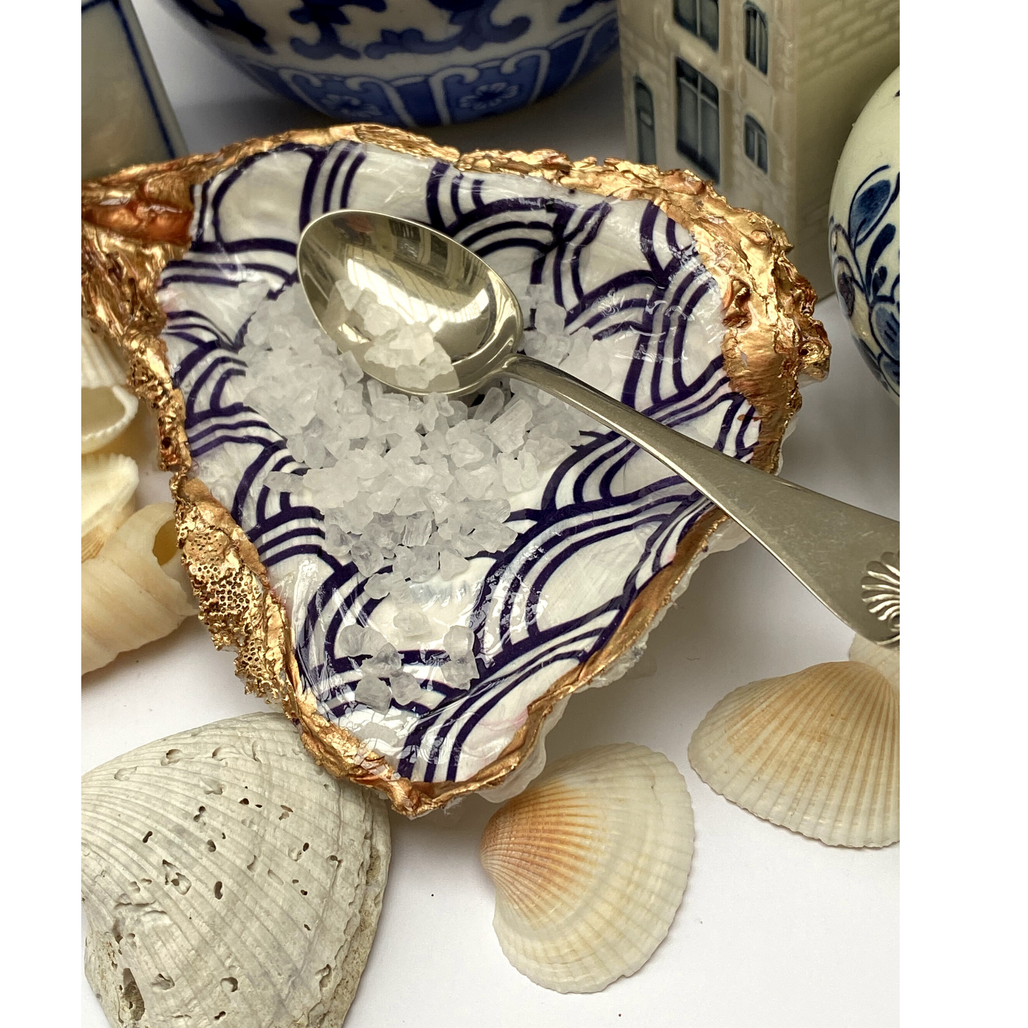 Oyster Shell Art, Jewelry Dish, Blue White Seigaiha Design