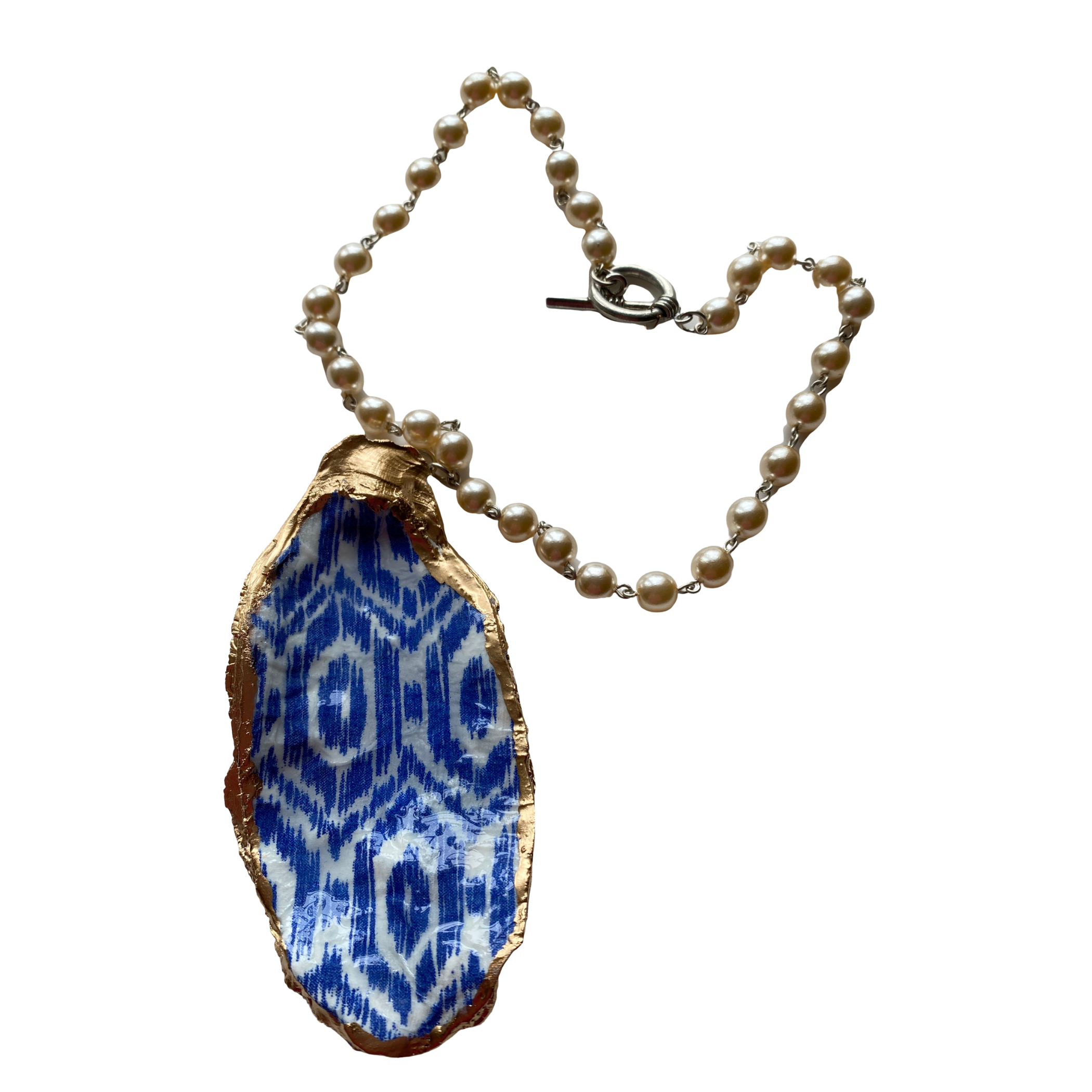 Oyster Shell Necklace Blue Ikat and Pearls
