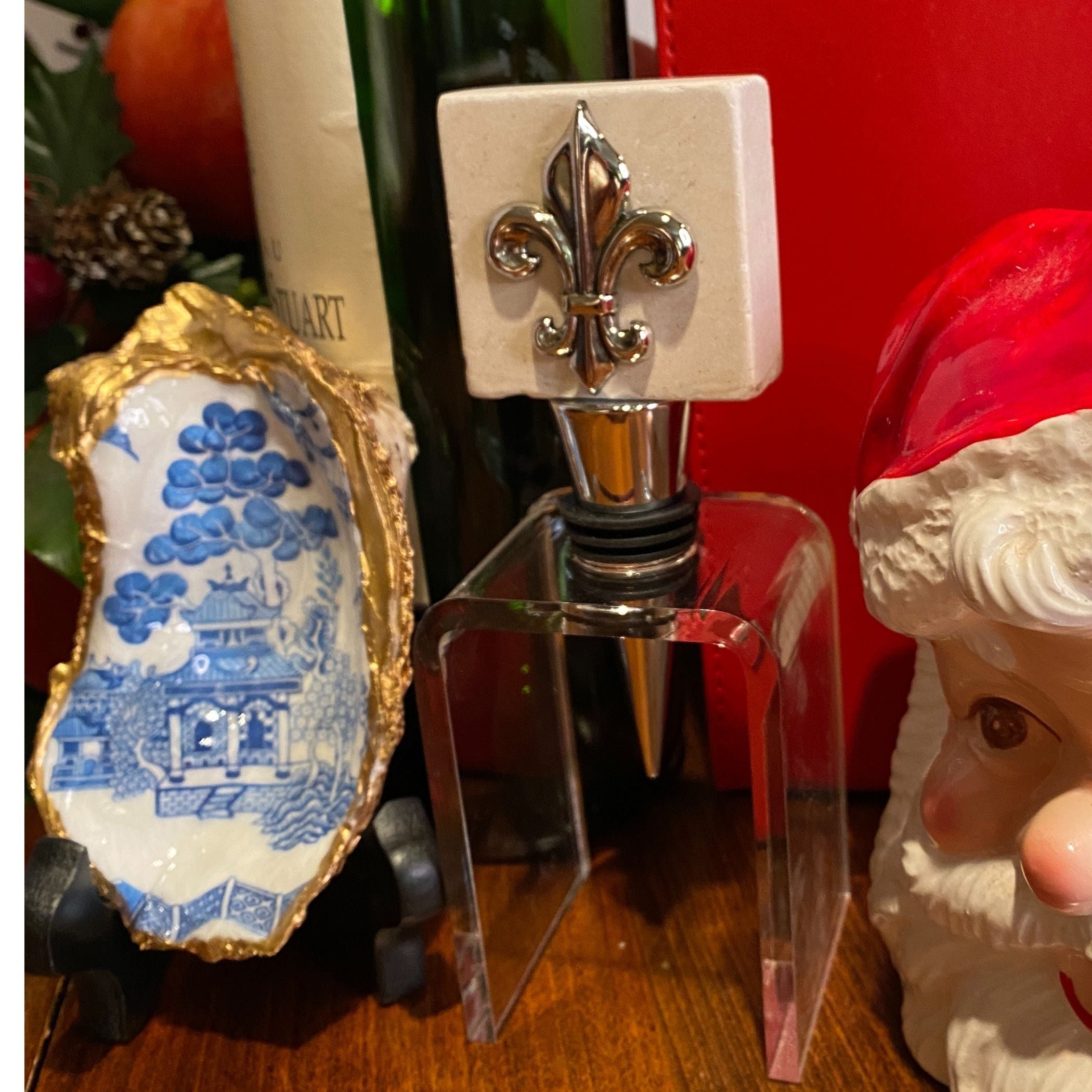 Bottle Stopper Marble, Silver Fleur De Lis Medallion, Birthday Gift