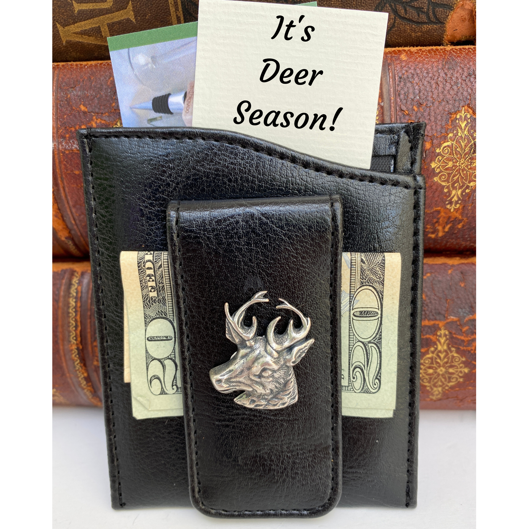 Money Clip, Deer, Black Faux Leather, Gift for Him