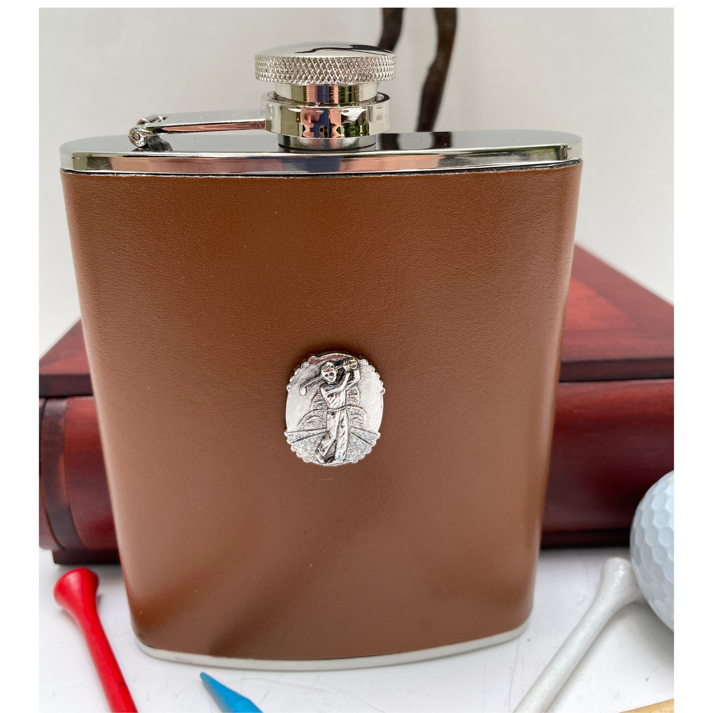 Leather Flask, Silver Golf Medallion