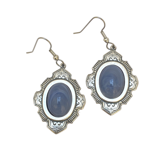 Earring, Vintage Antique Silver Setting, Oval Blue Cabochon, Handmade in USA