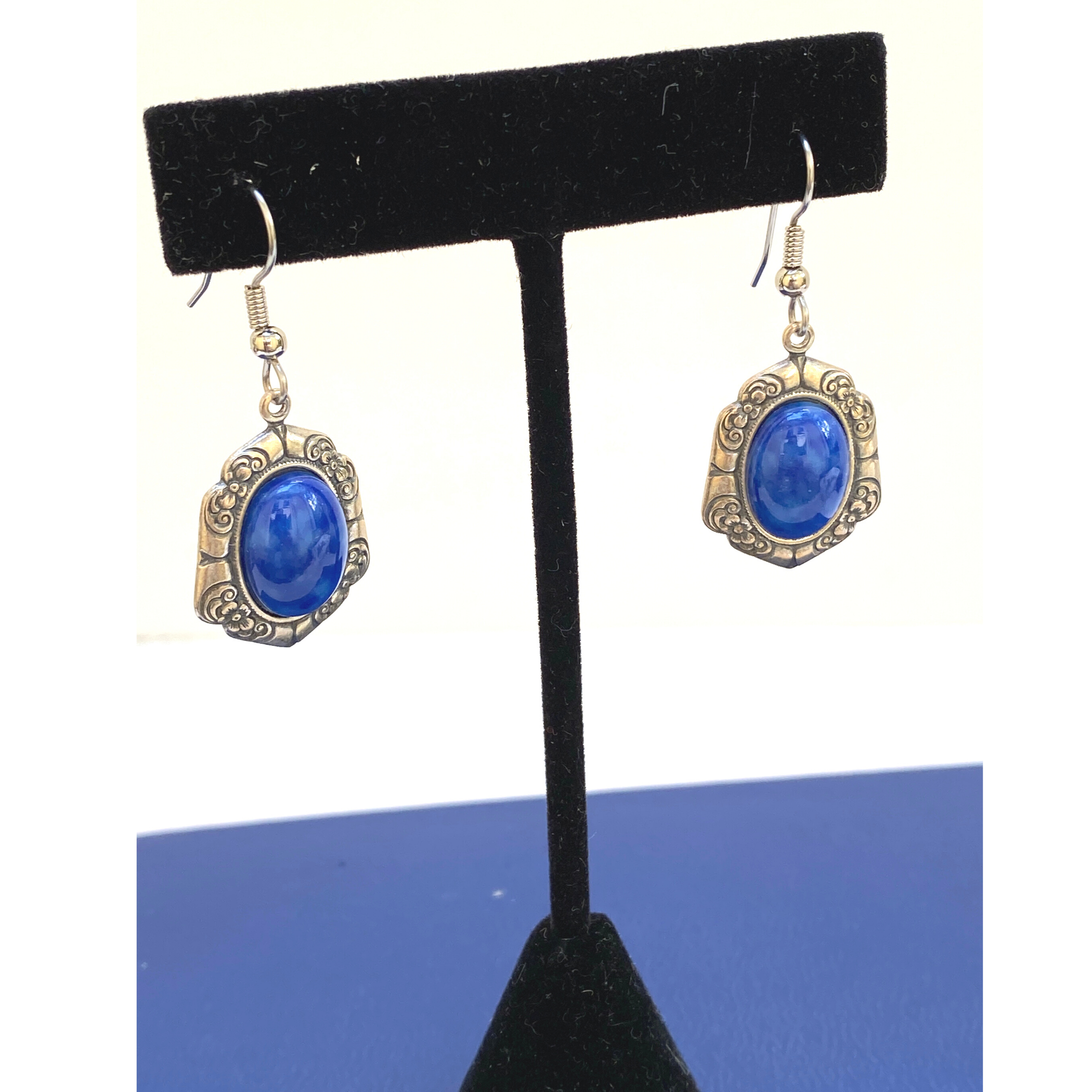 Earrings, Vintage Antique Silver Setting, Oval Faux Lapis Setting, Handmade in USA