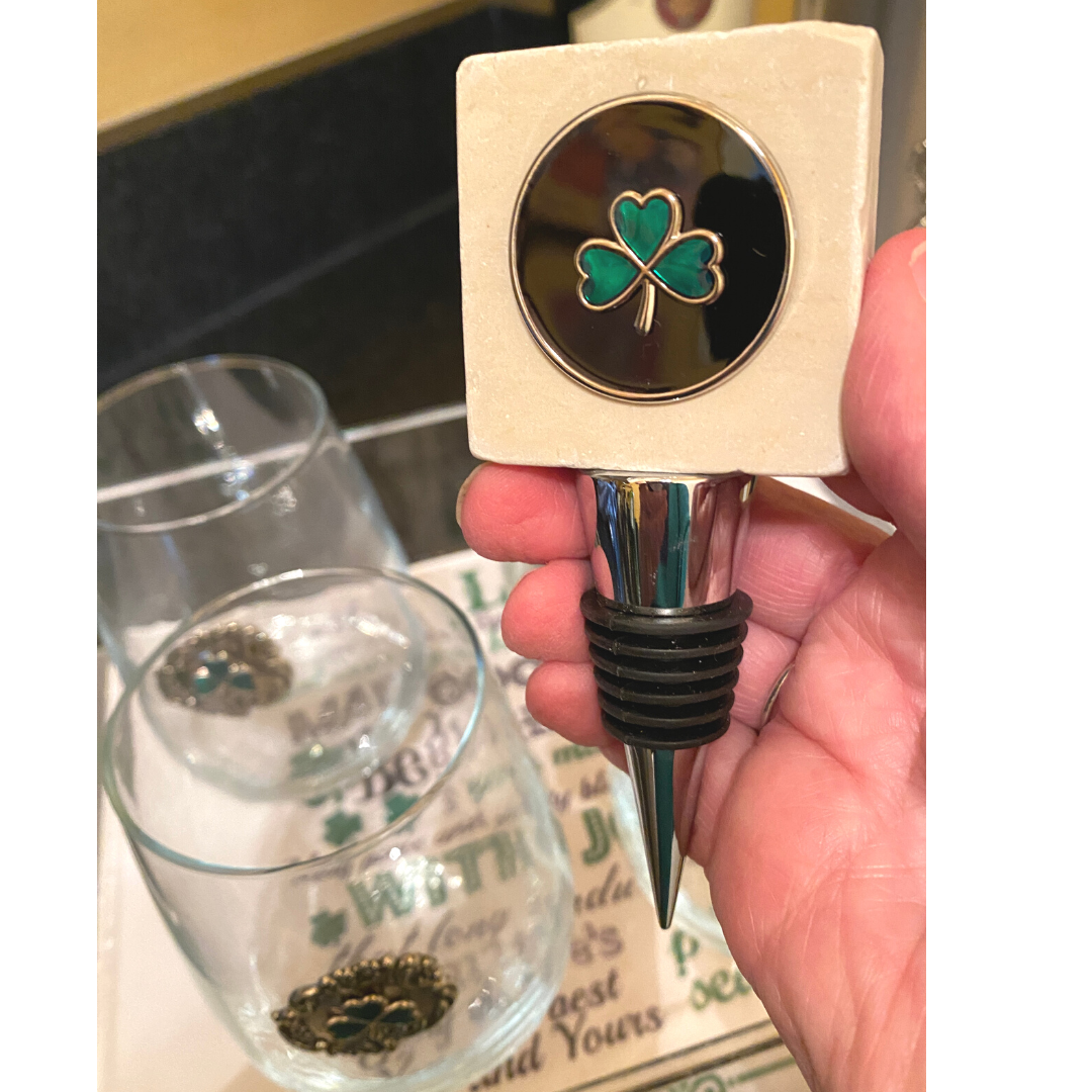Irish Shamrock Marble Top Wine Bottle stopper held in my hand