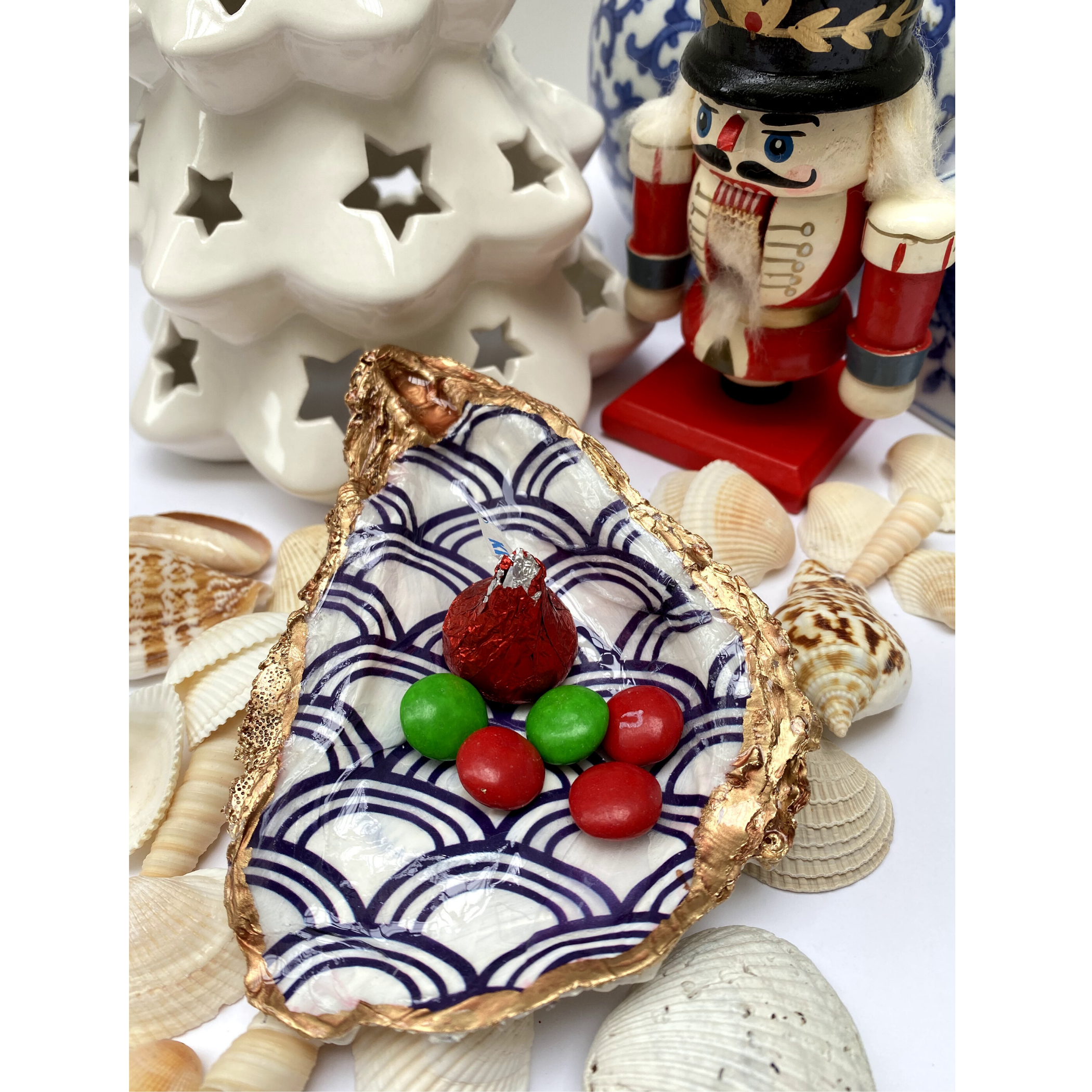 Oyster Shell Art, Jewelry Dish, Blue White Seigaiha Design