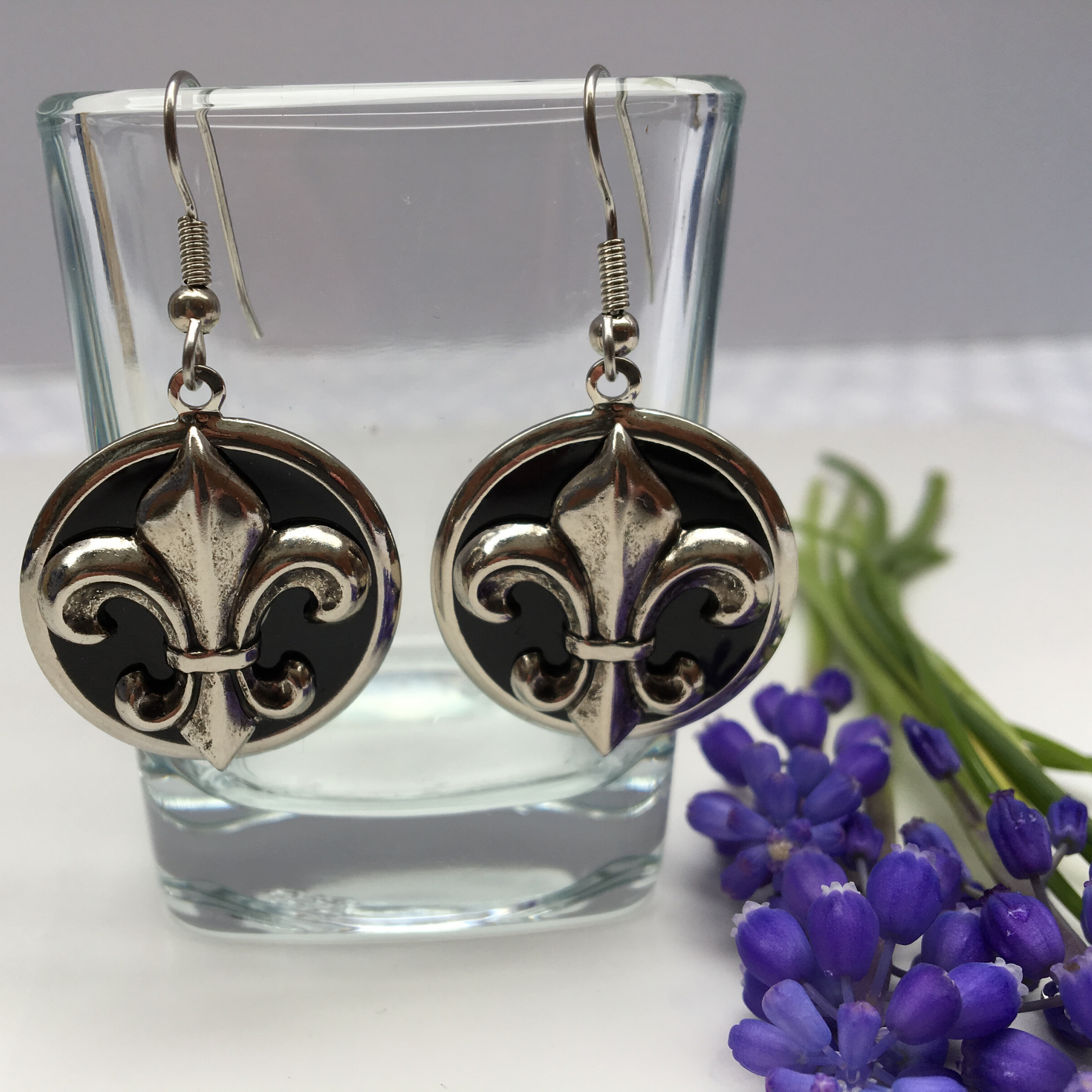 Earrings, silver and black fleur de lis, French Ear Wire, Handmade in USA