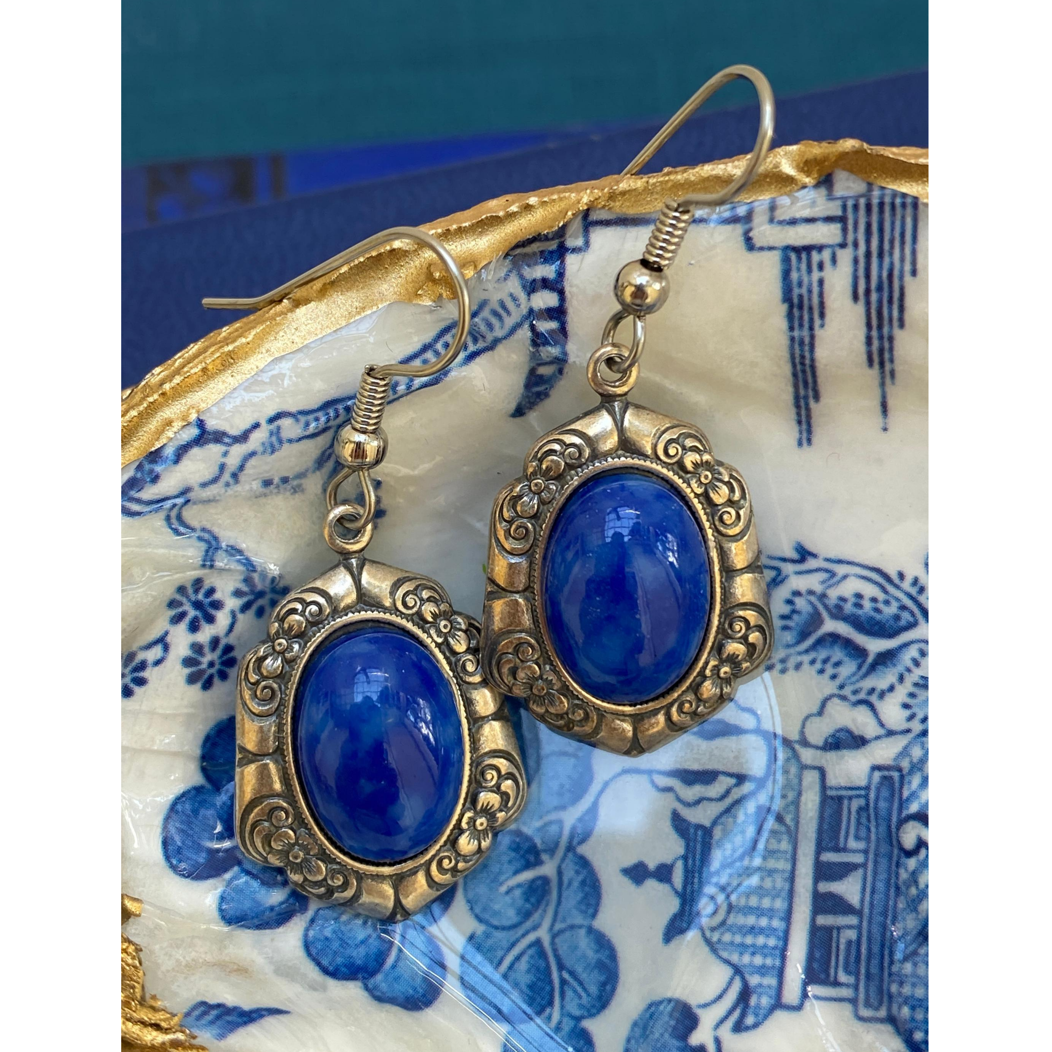 Earrings, Vintage Antique Silver Setting, Oval Faux Lapis Setting, Handmade in USA