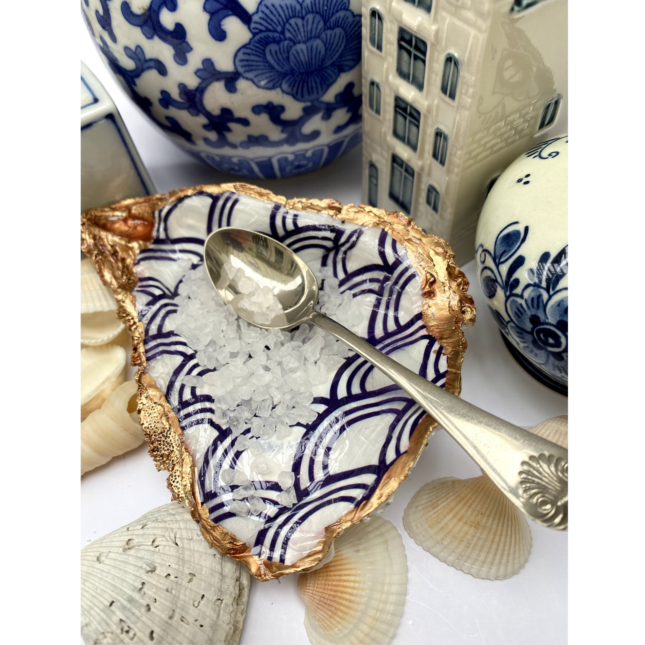 Oyster Shell Art, Jewelry Dish, Blue White Seigaiha Design