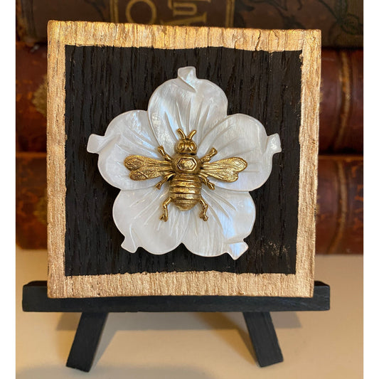 Bee Wooden Art, Gold Bee, Mother Of Pearl Flower, Bee Gift