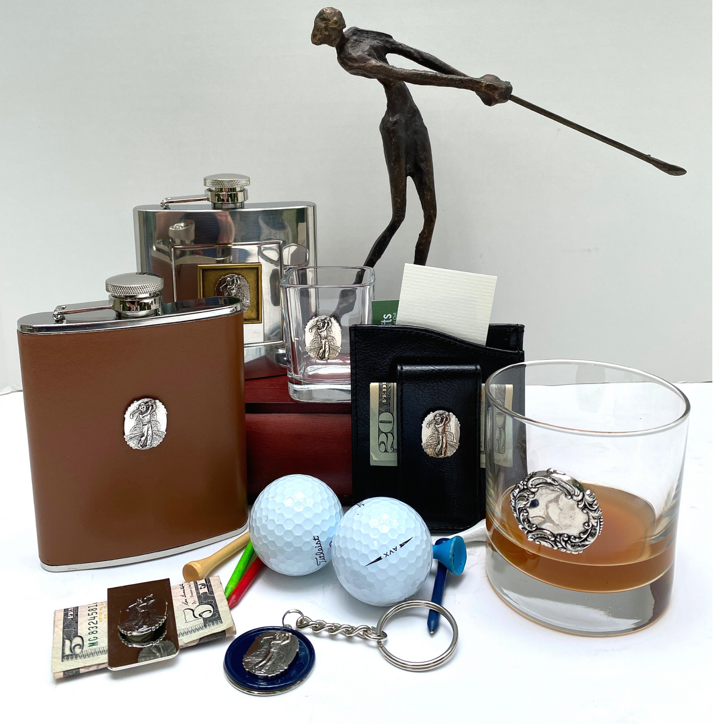 Leather Flask, Silver Golf Medallion