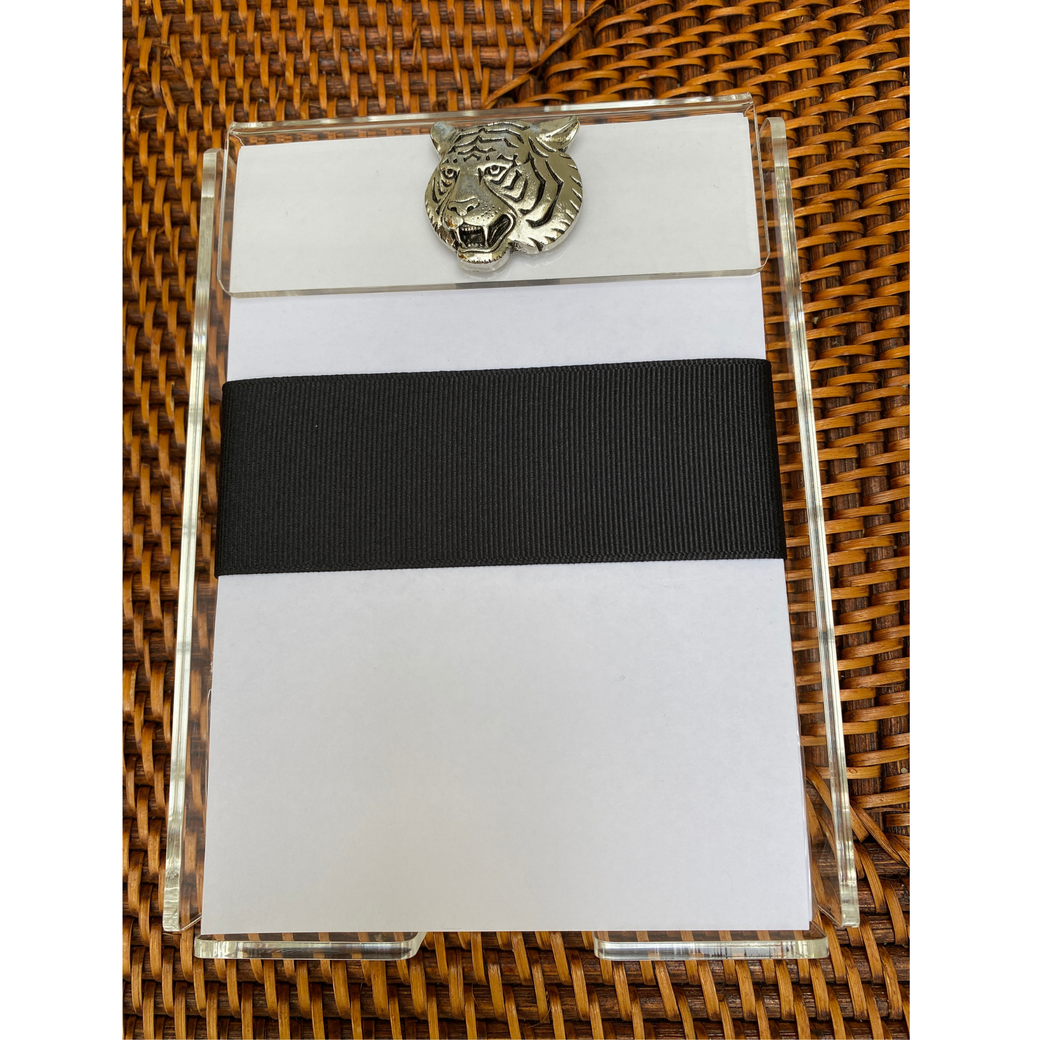 Tiger Notepad | Gift for Tiger Football Fan | Silver Tiger Head Acrylic Holder with White Paper