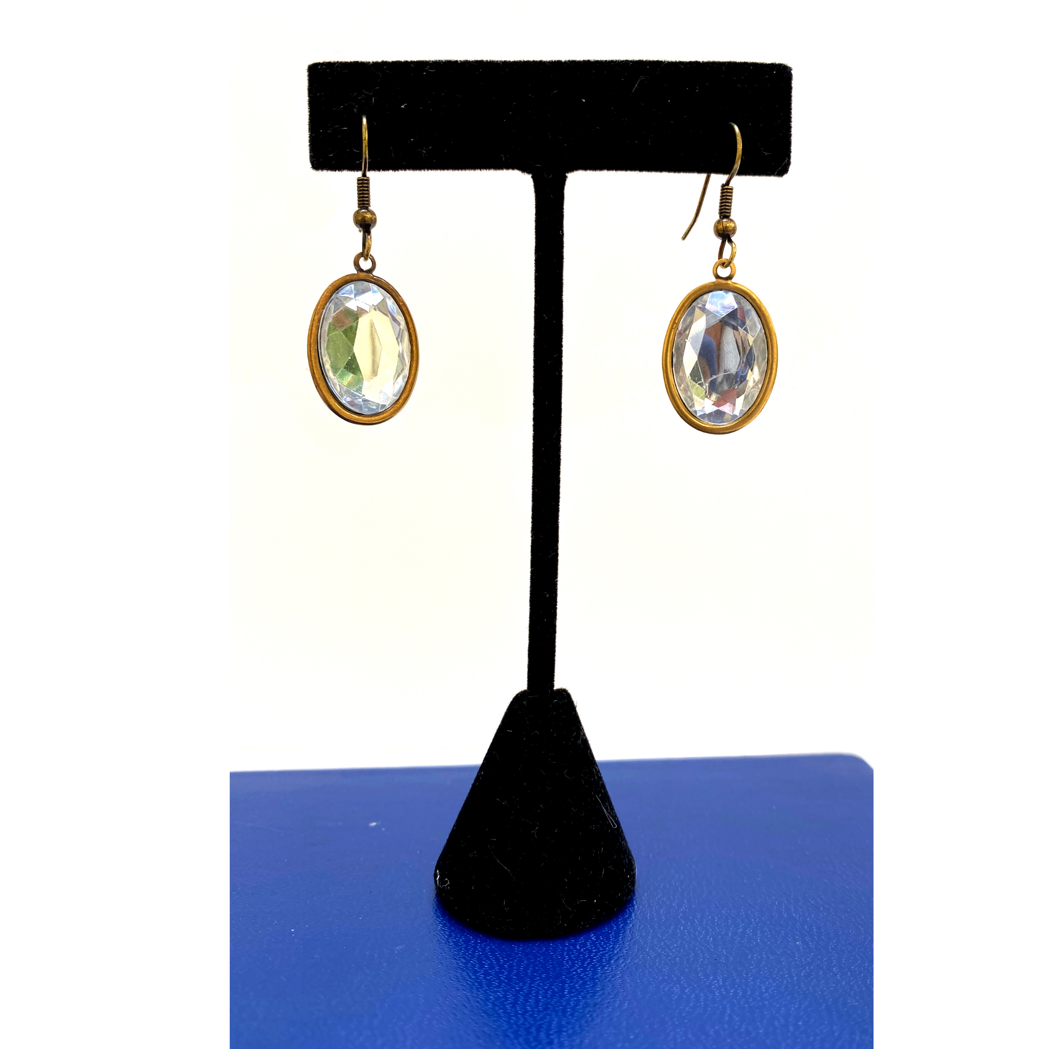 Earring, Antique Gold, Clear Crystal Cabochon, Handmade in USA