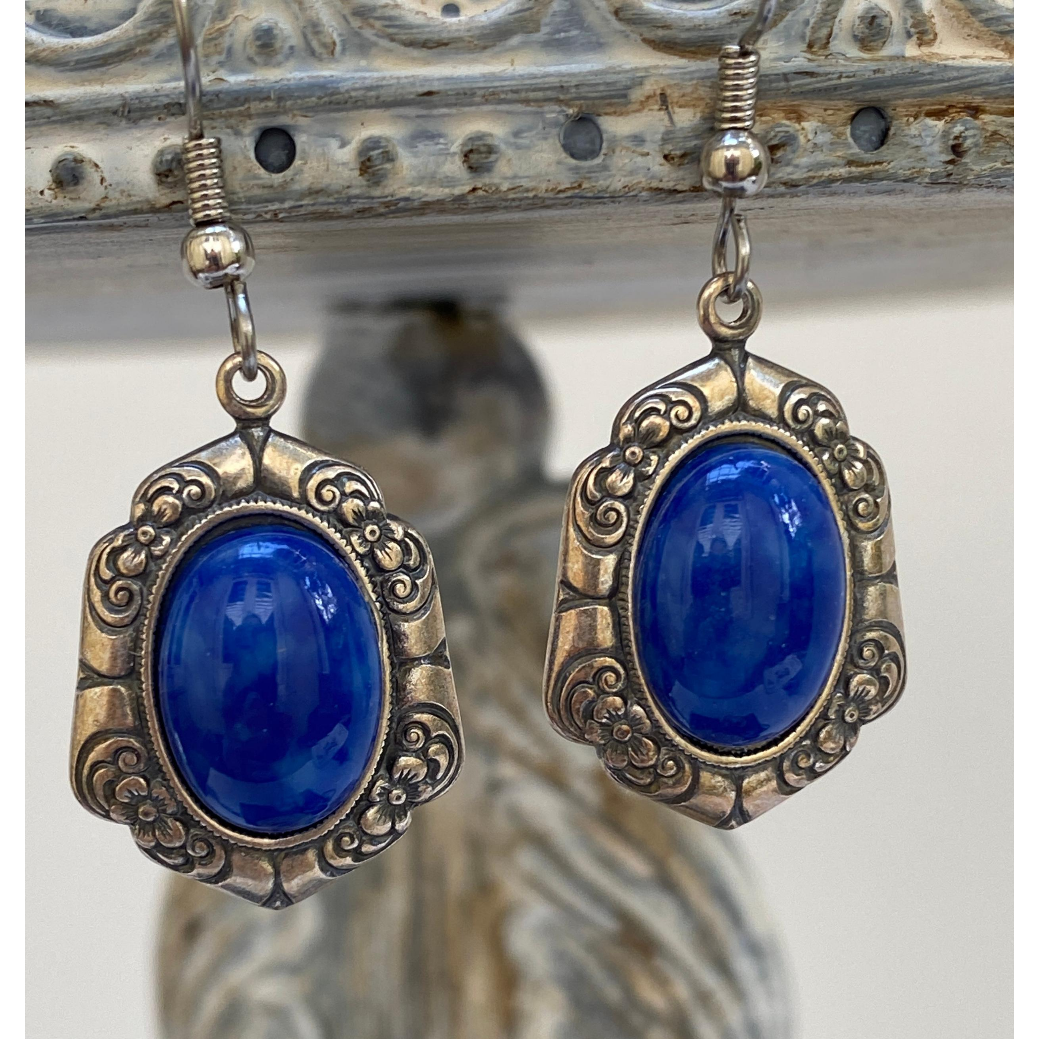 Earrings, Vintage Antique Silver Setting, Oval Faux Lapis Setting, Handmade in USA