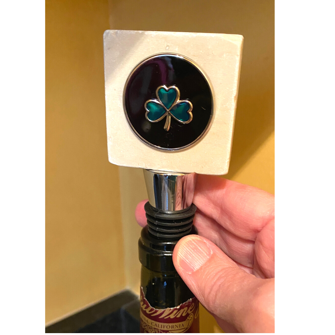 Irish Shamrock Marble Top Wine Bottle stopper in a wine bottle