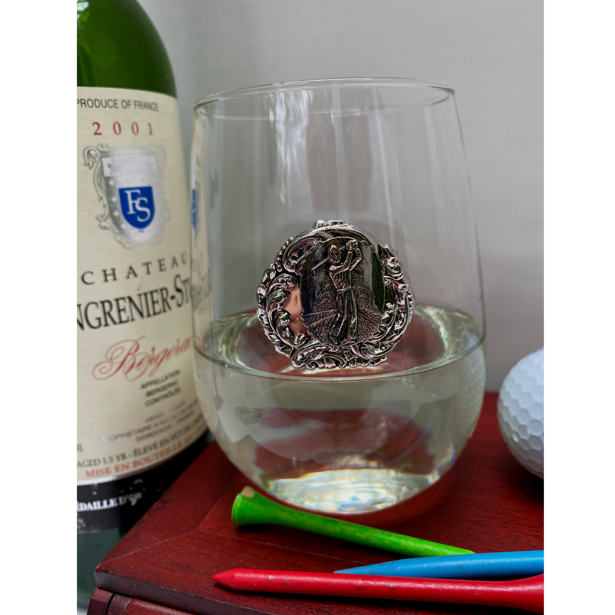 Stemless Glass, Silver Golf Medallion