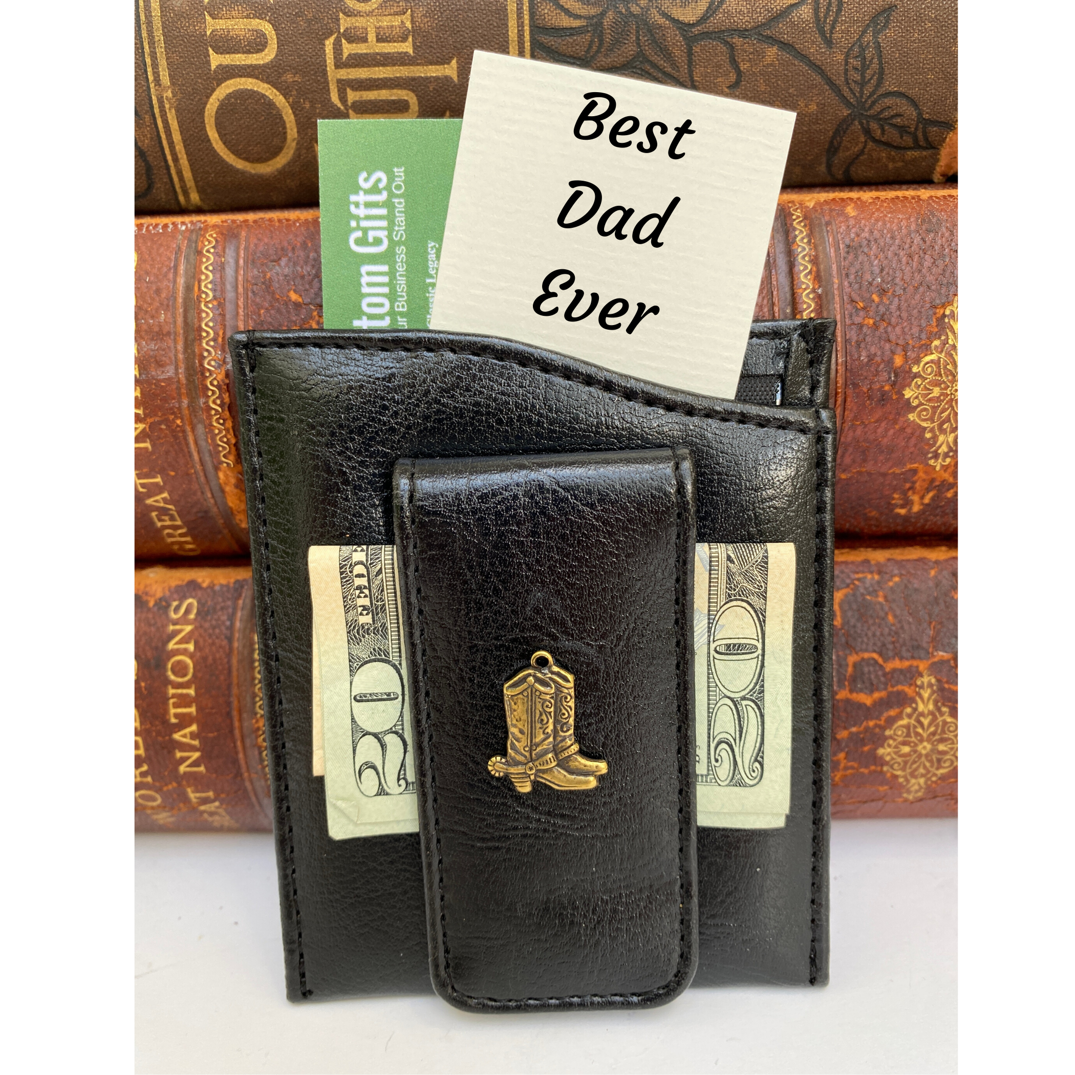 Money Clip, Cowboy Boots, Black Faux Leather, Gift for Him