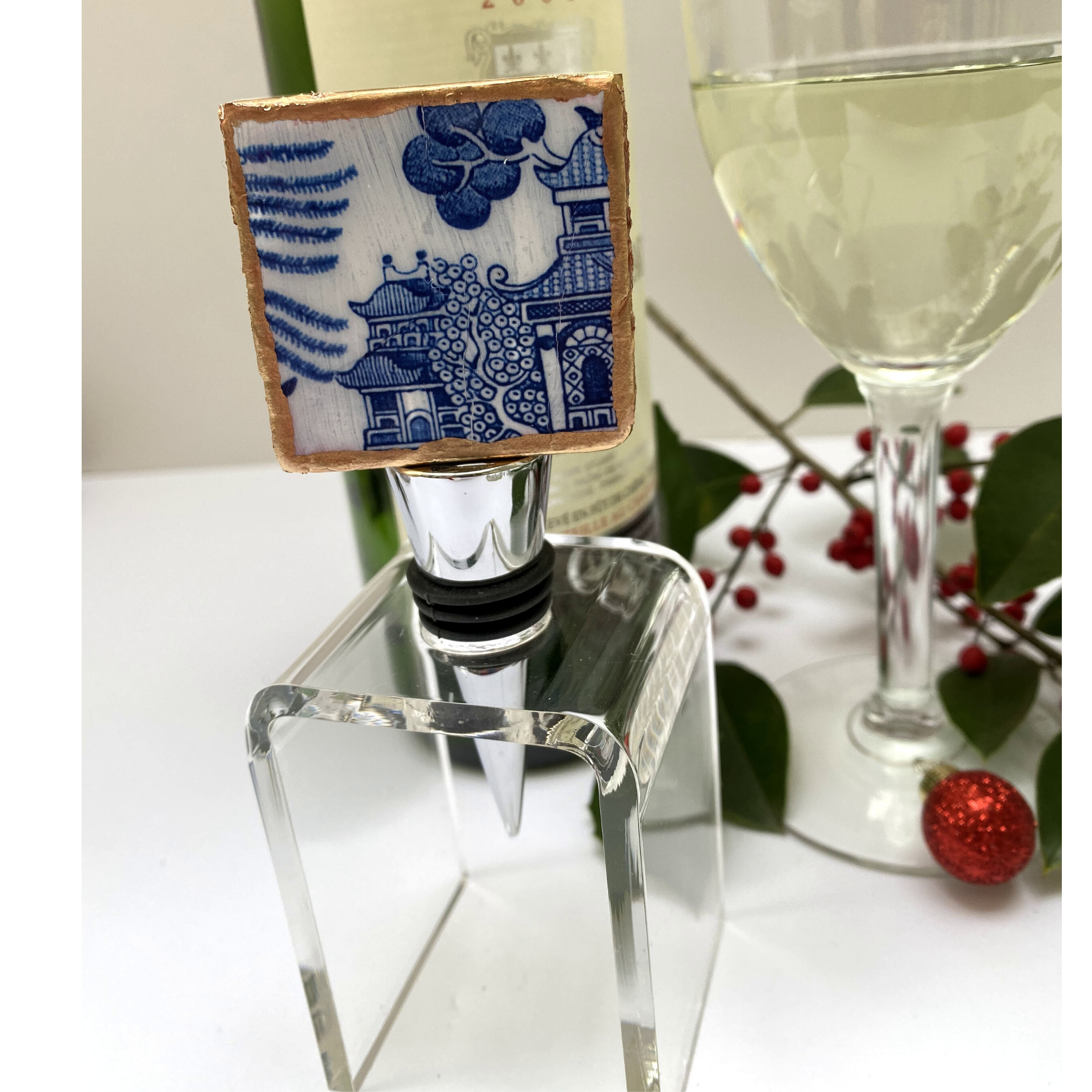 Bottle Stopper, Marble Bottle Stopper, Blue Chinoiserie Chinese House, Hostess Gift,