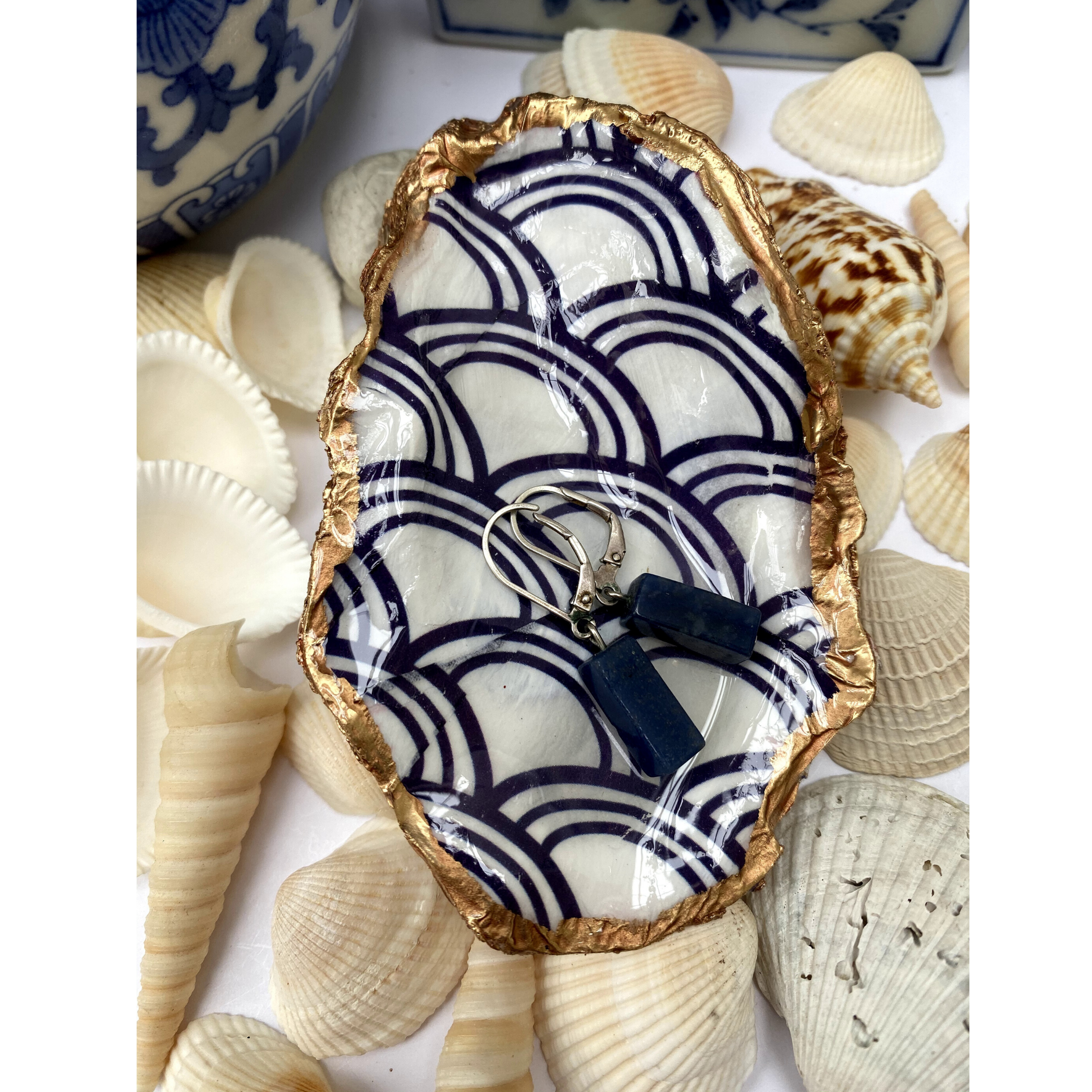 Oyster Shell Art, Jewelry Dish, Blue White Seigaiha Design