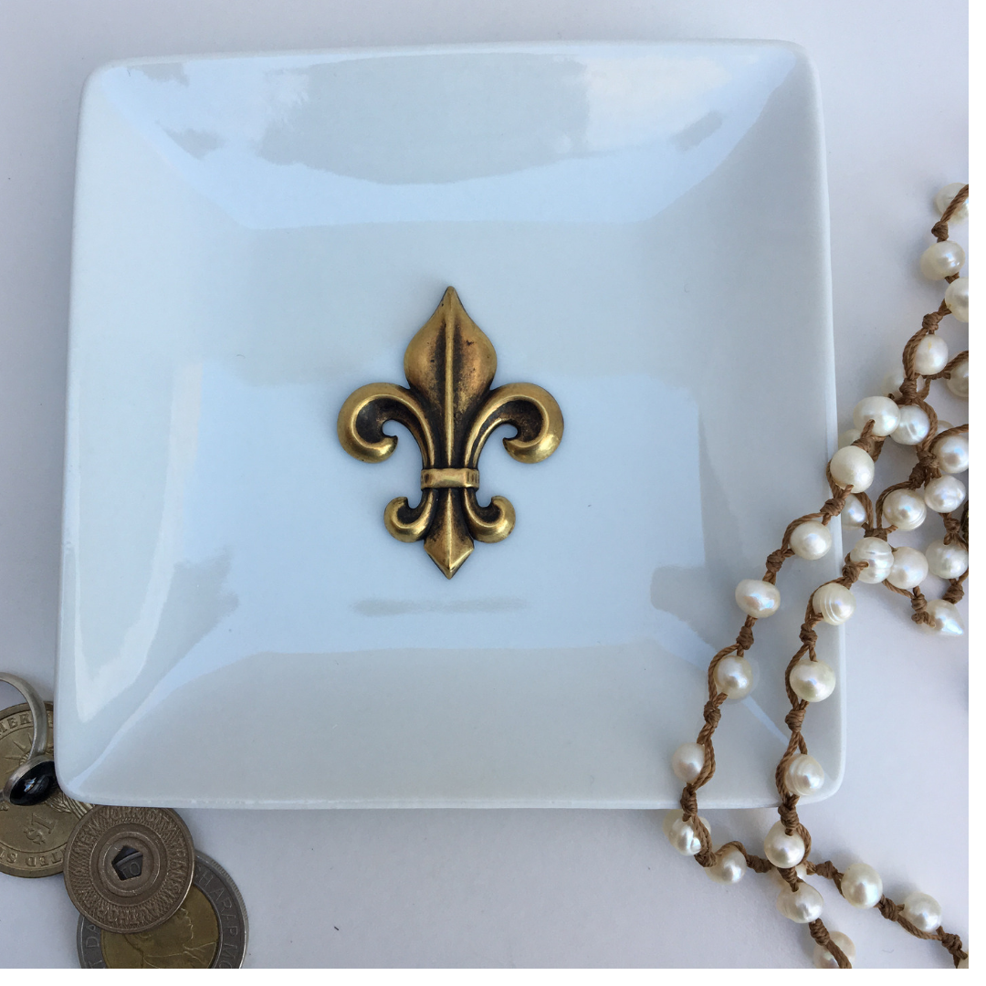 Trinket Tray, Porcelain Dish, Fleur de Lis Antique Gold