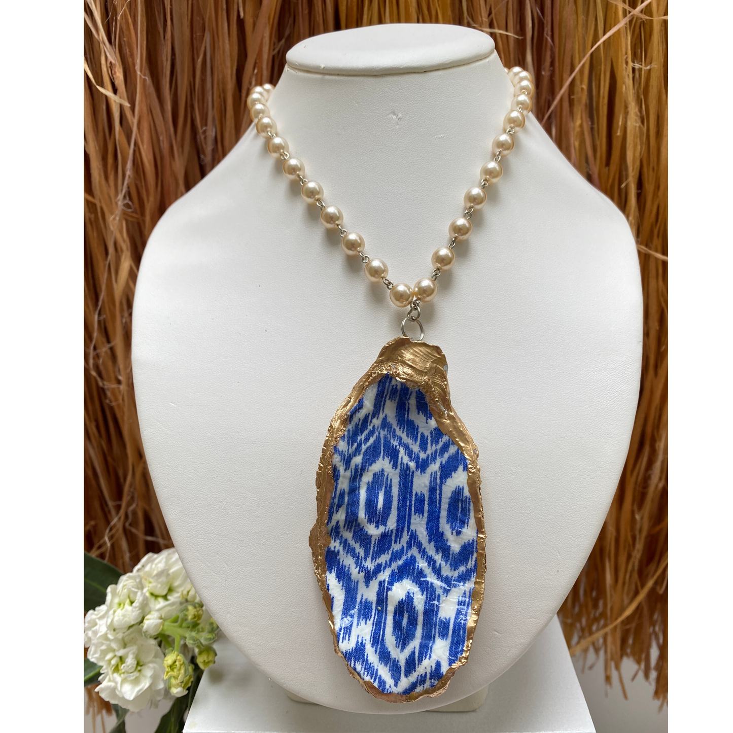 Oyster Shell Necklace, Blue and Pearls