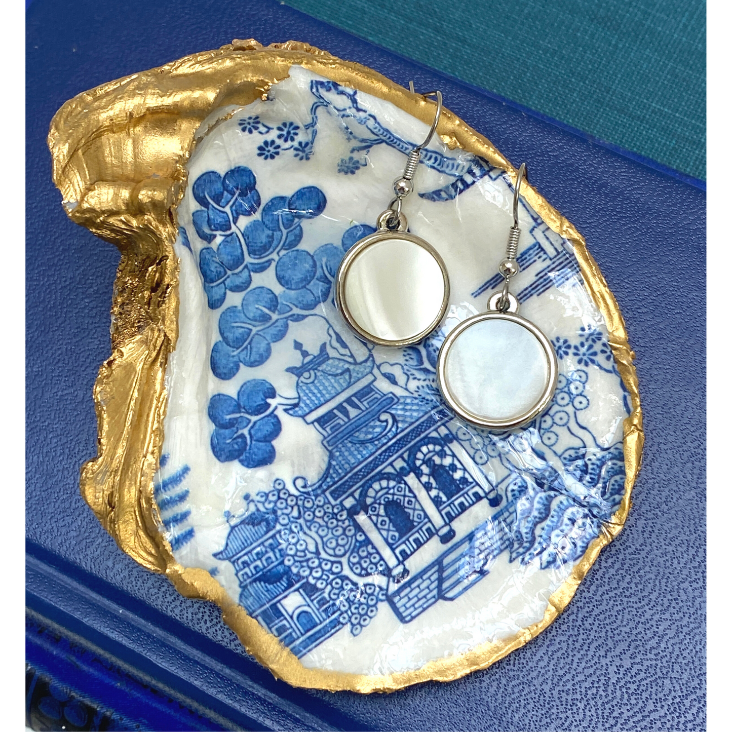 Earrings, Round Mother of Pearl, Antique Silver