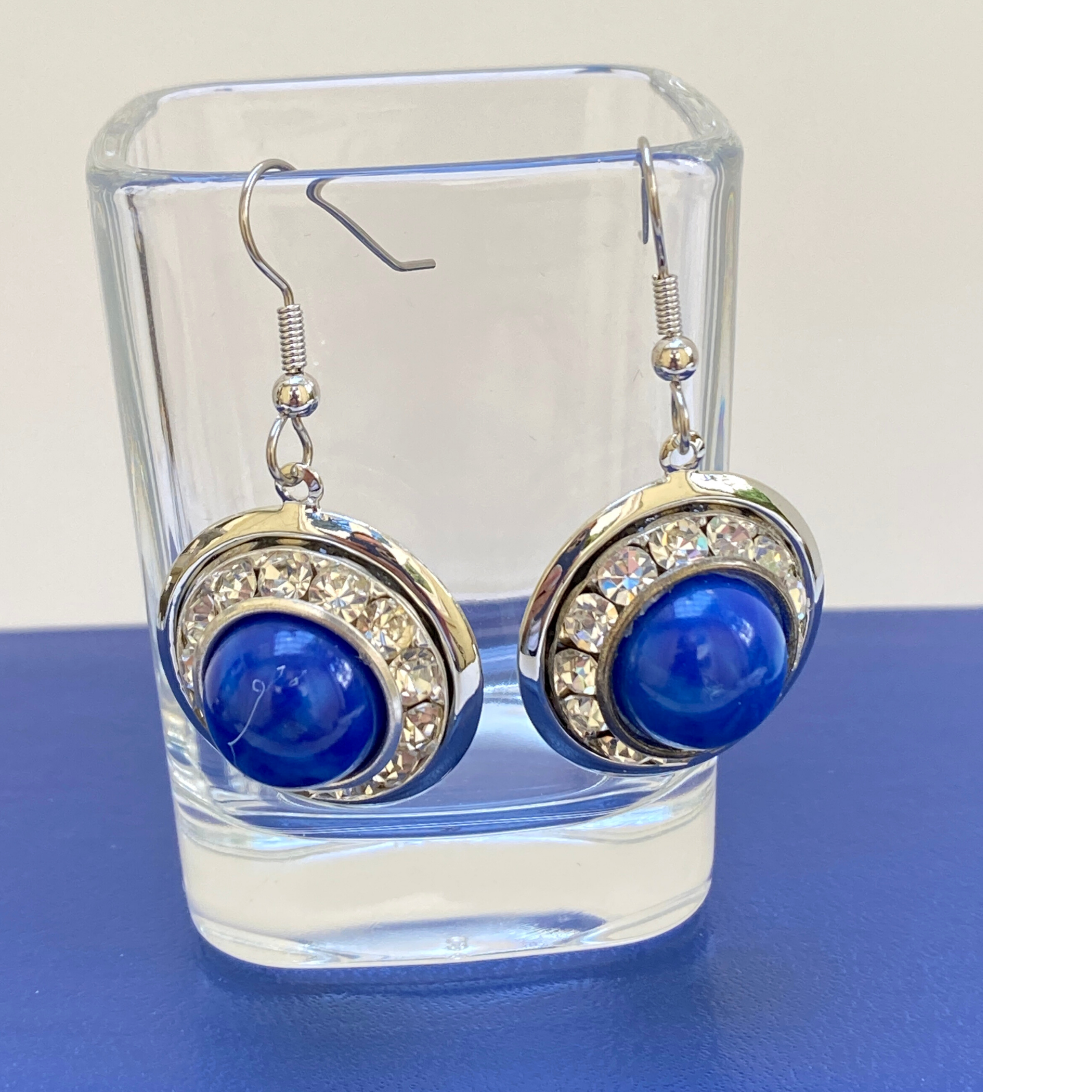 Earrings, Faux Lapis, Crystal, French Ear Wire, Handmade in USA