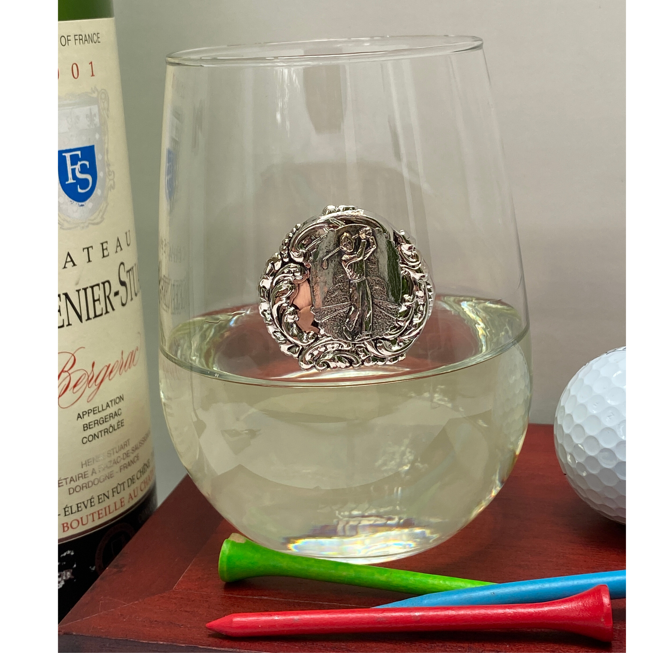 Stemless Glass, Silver Golf Medallion