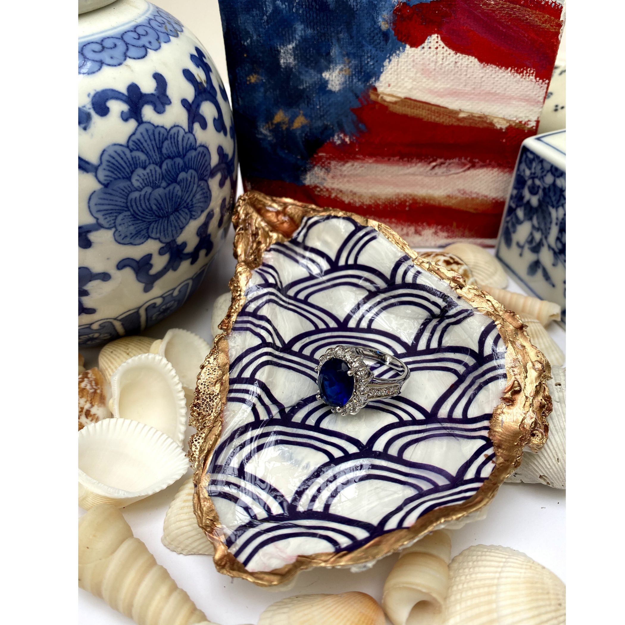 Oyster Shell Art, Jewelry Dish, Blue White Seigaiha Design