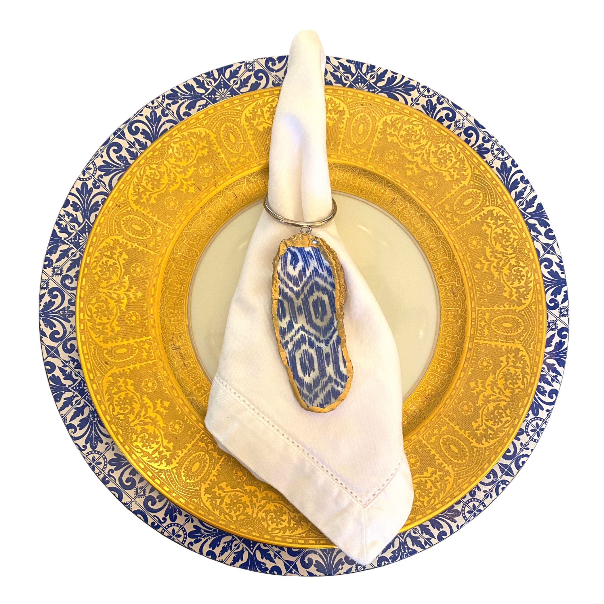 Oyster Shell Art Napkin Ring Blue Ikat Design