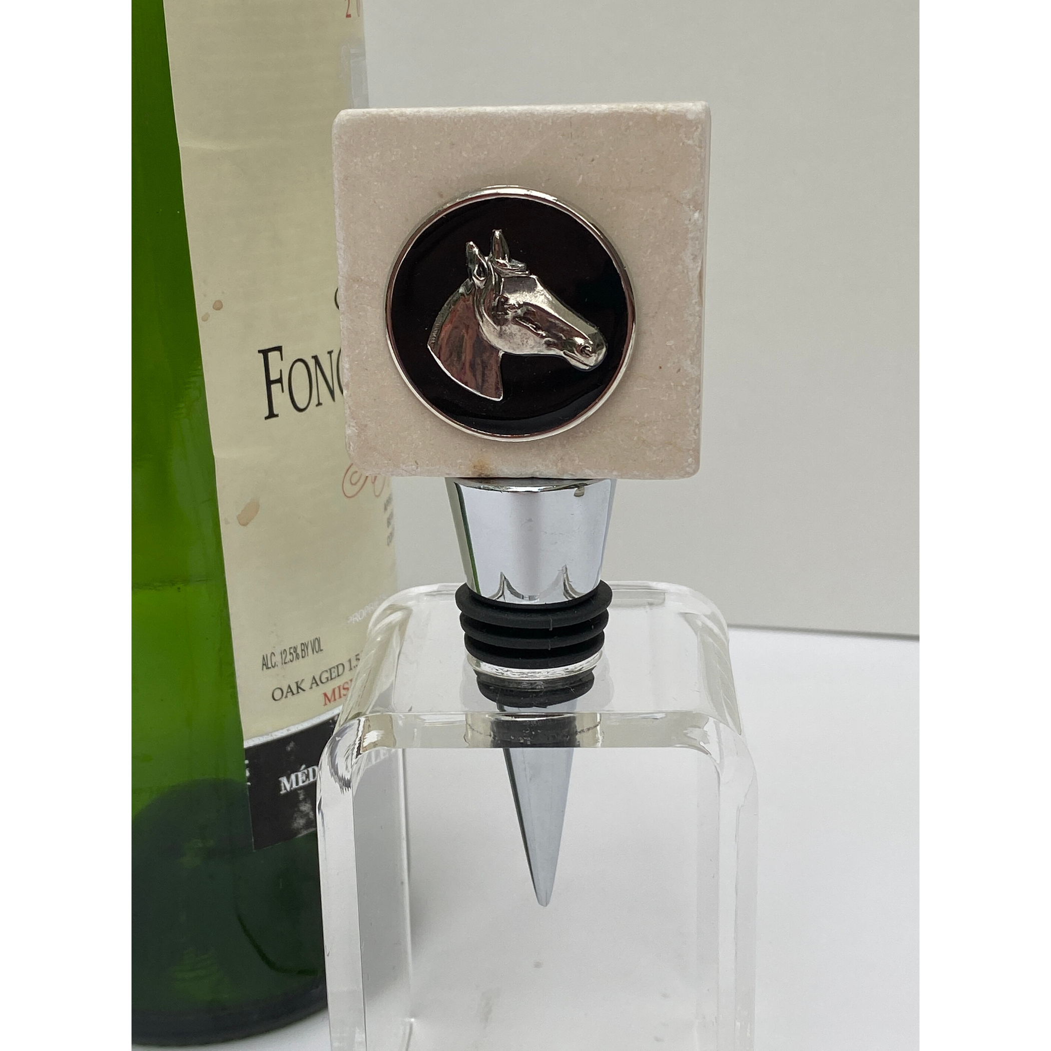 Marble Bottle Stopper, Equestrian Gift, Silver Horse Head Black Enamel, Horse Lover Gift