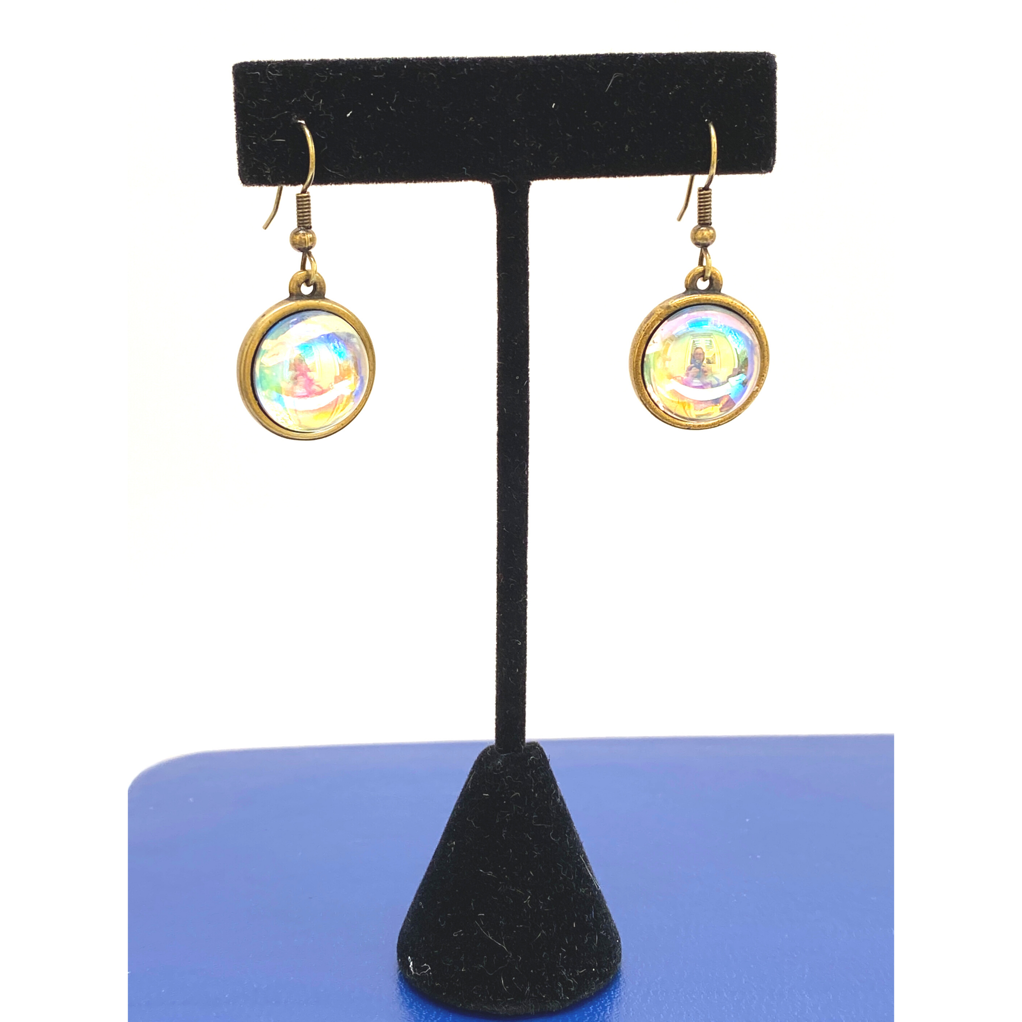 Earrings, Aurora Borealis Cabochon, Antique Gold, Handmade in USA