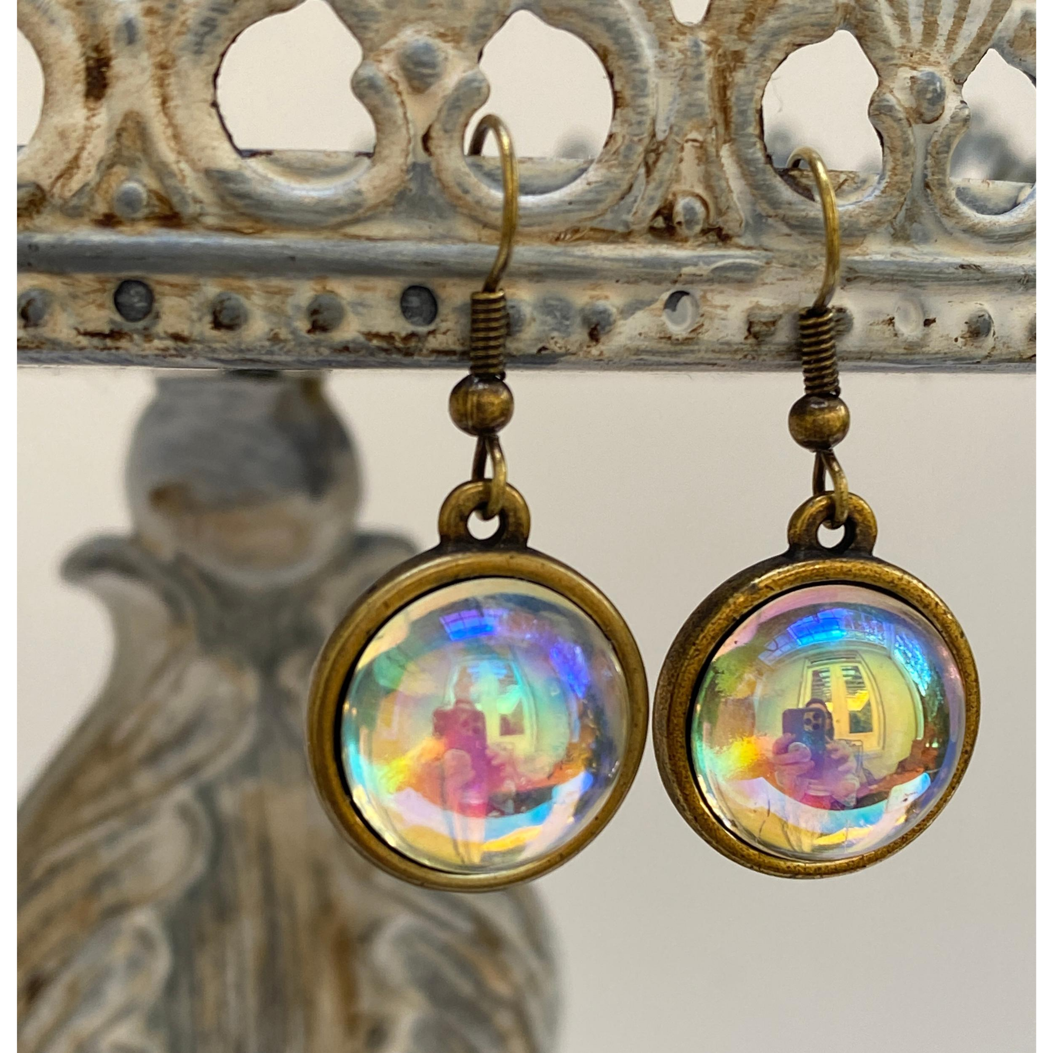 Earrings, Aurora Borealis Cabochon, Antique Gold, Handmade in USA
