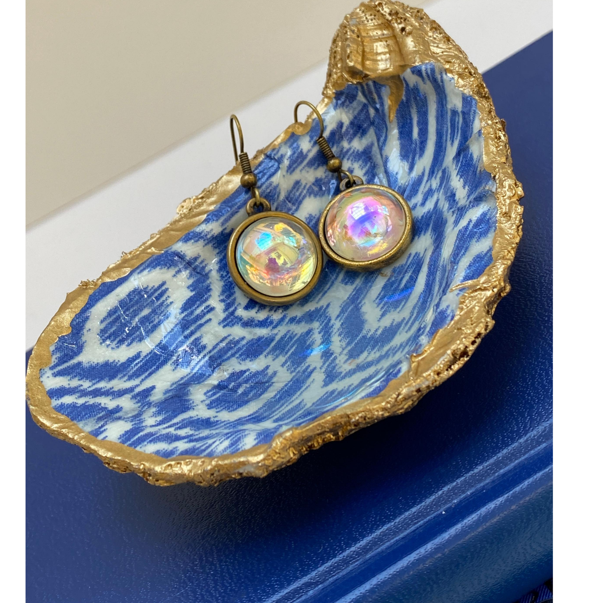 Earrings, Aurora Borealis Cabochon, Antique Gold, Handmade in USA
