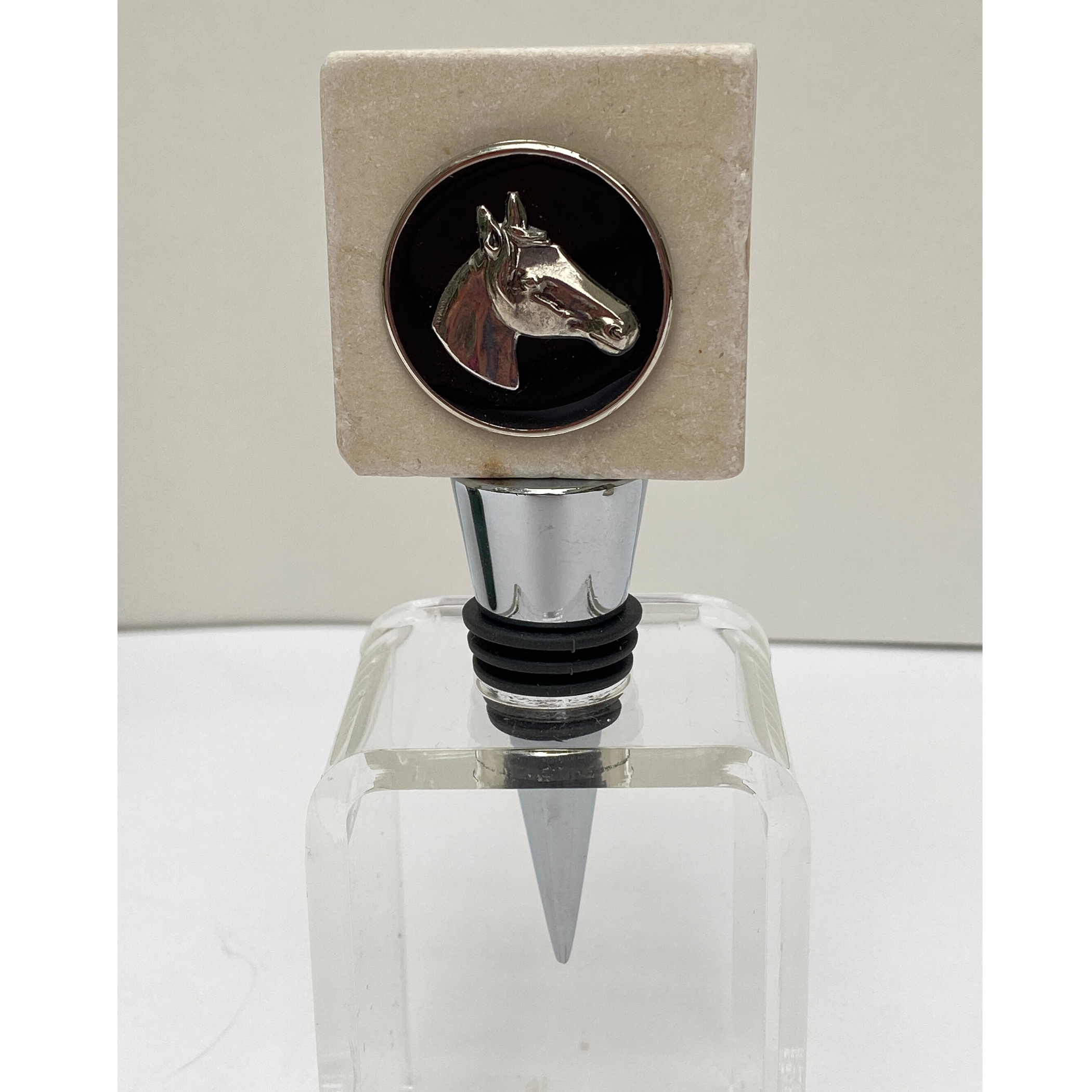 Marble Bottle Stopper, Equestrian Gift, Silver Horse Head Black Enamel, Horse Lover Gift