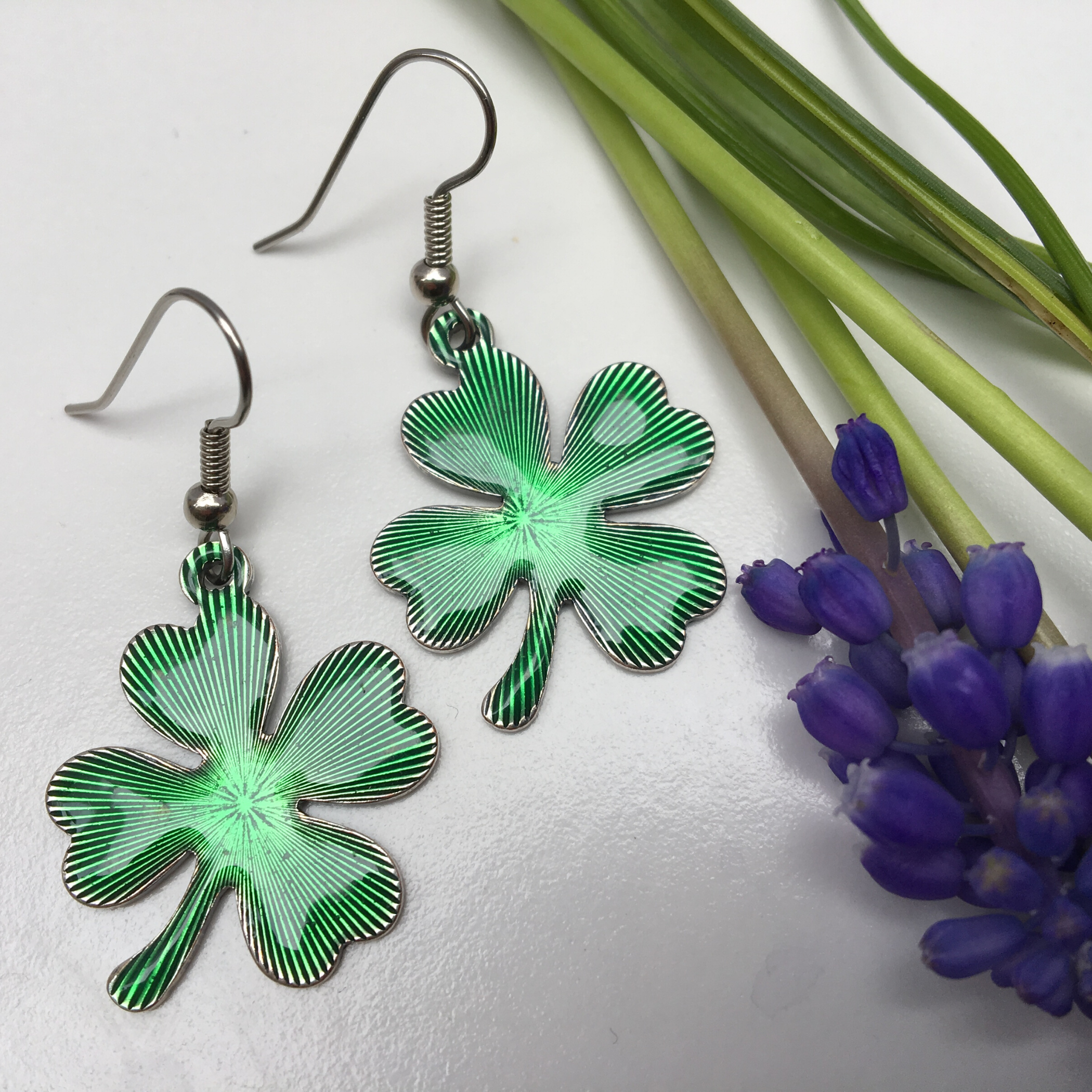 Earring, Irish Emerald Green Shamrock Enamel, French Wire, Handmade in USA
