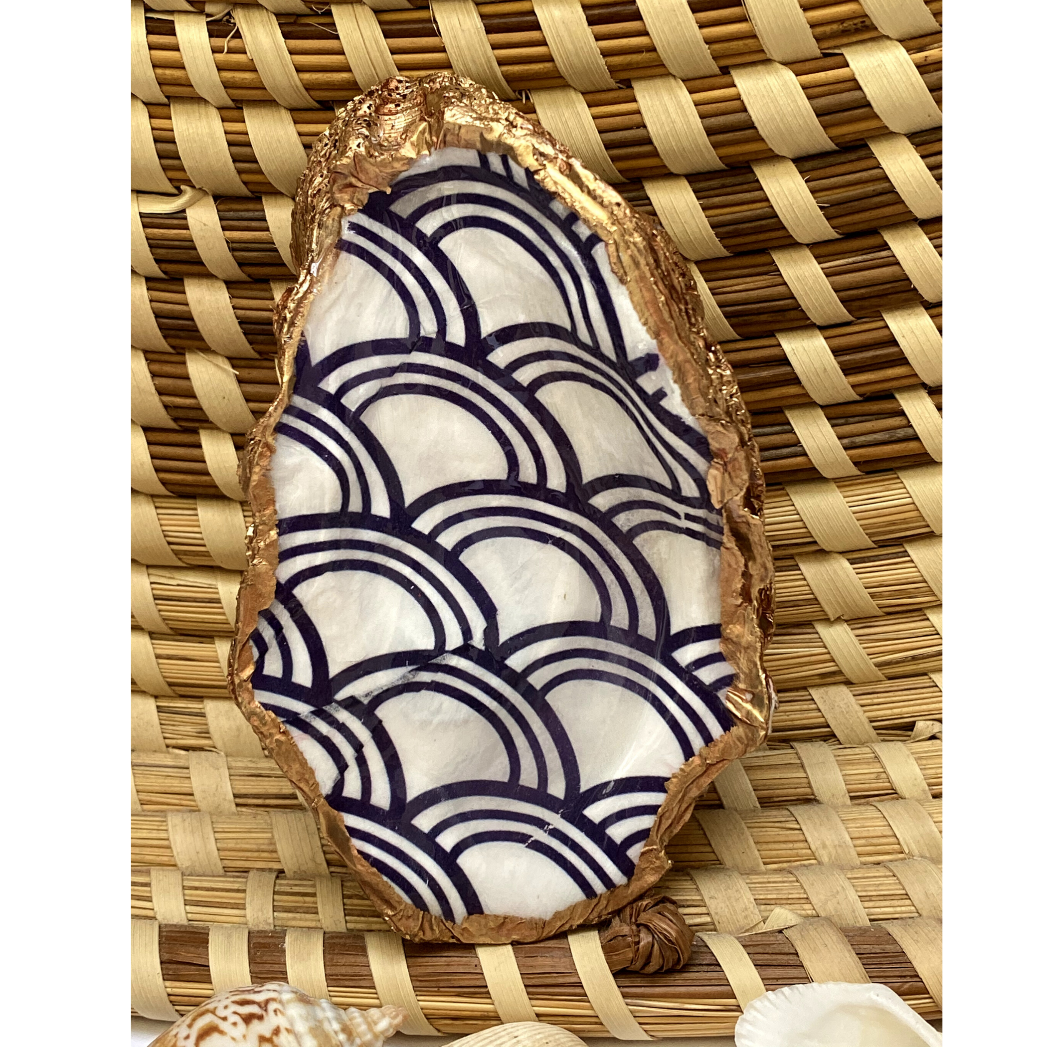 Oyster Shell Art, Jewelry Dish, Blue White Seigaiha Design