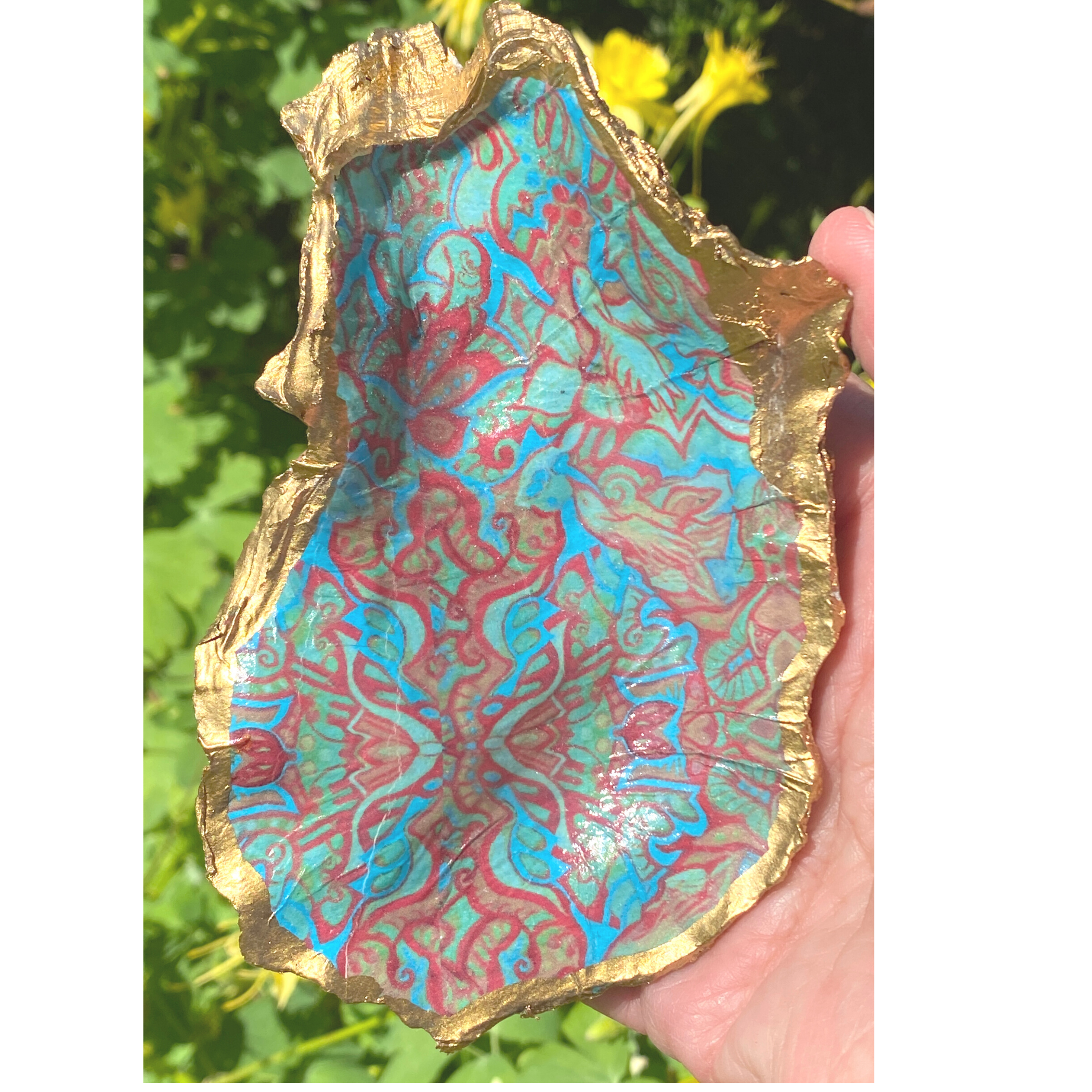 Oyster Shell Art, Vintage William Morris Design, Bohemian Turquoise, Handcrafted Home Decor
