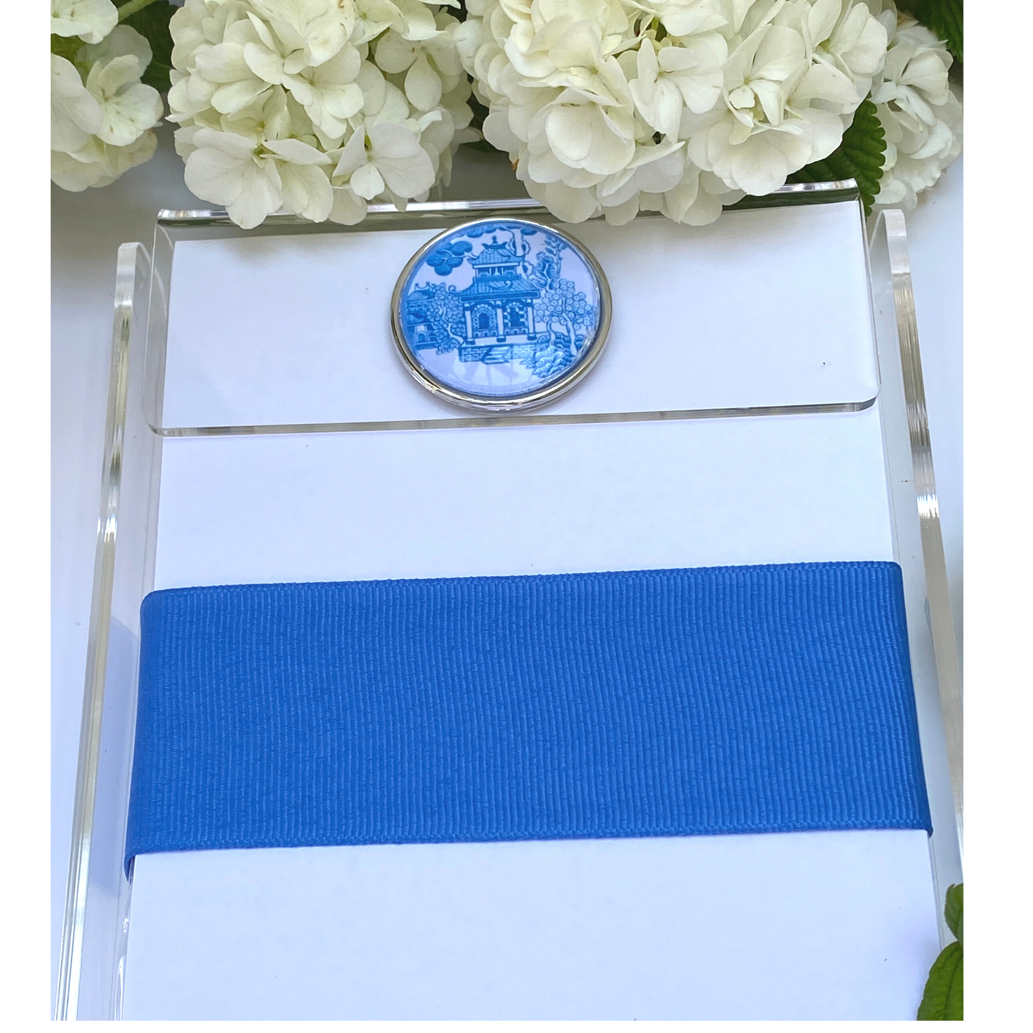 Blue Chinoiserie, Notepad, Paper Wrapped with Blue Grosgrain Ribbon