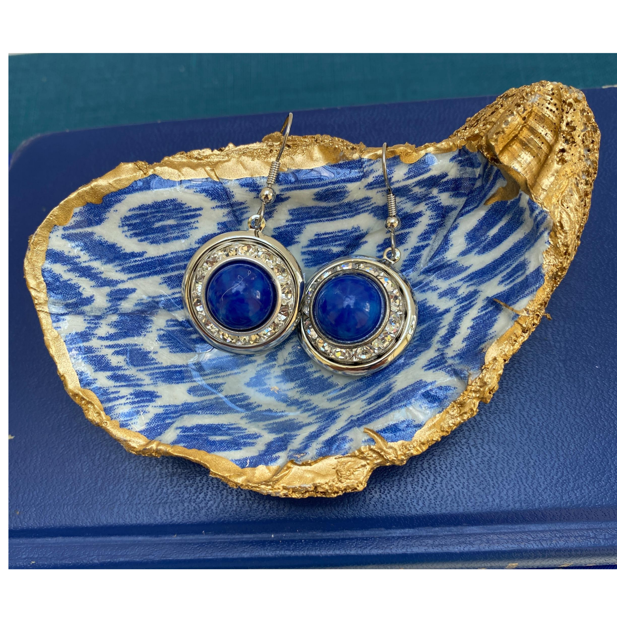 Earrings, Faux Lapis, Crystal, French Ear Wire, Handmade in USA