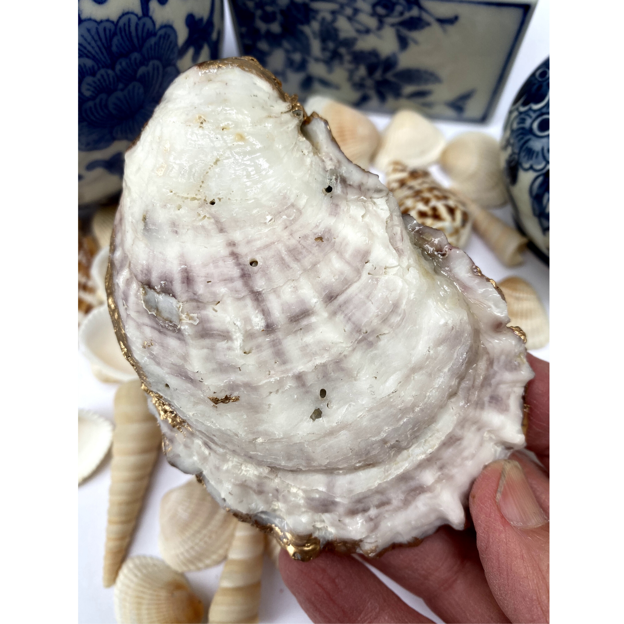 Oyster Shell Art, Jewelry Dish, Blue White Seigaiha Design