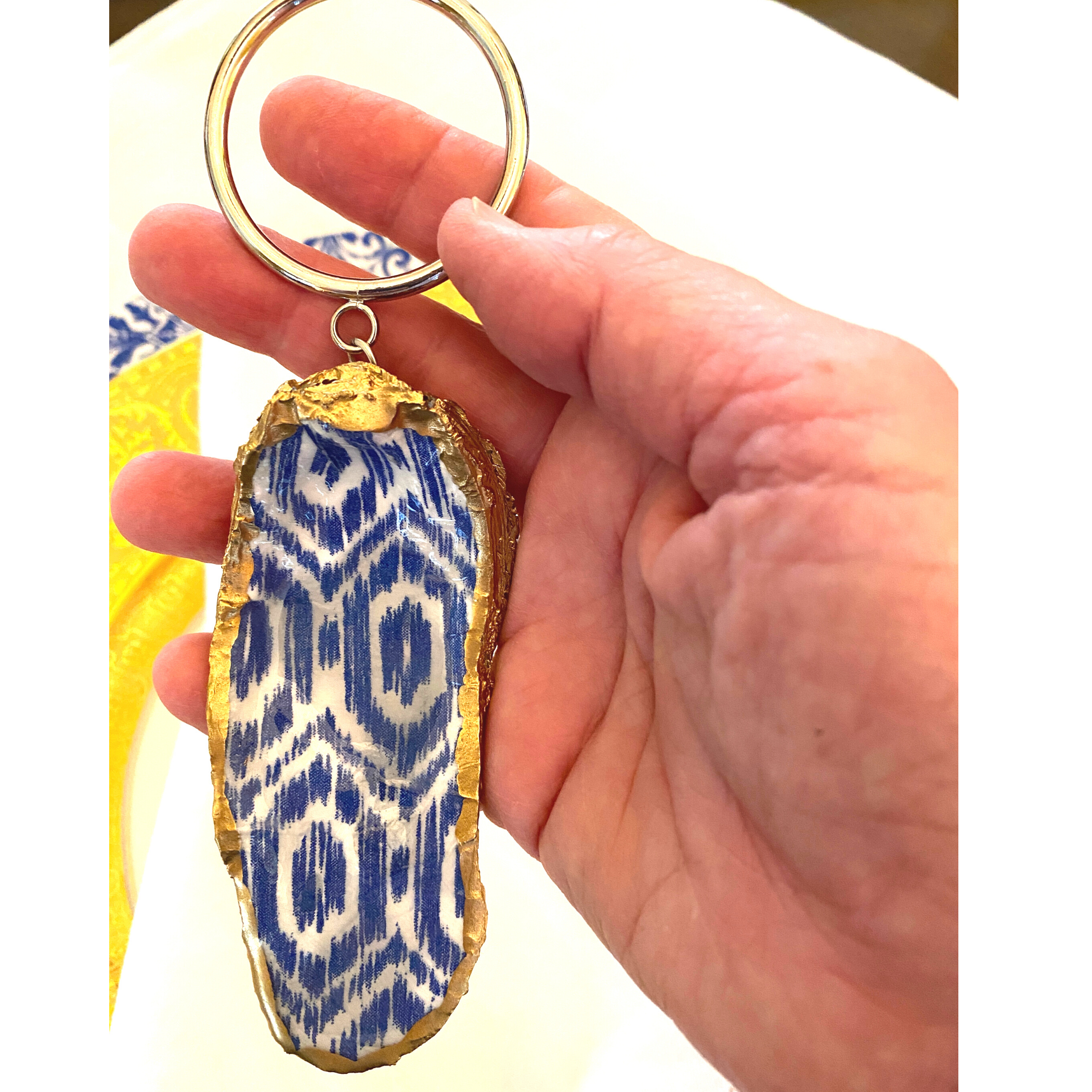 Oyster Shell Art Napkin Ring Blue Ikat Design