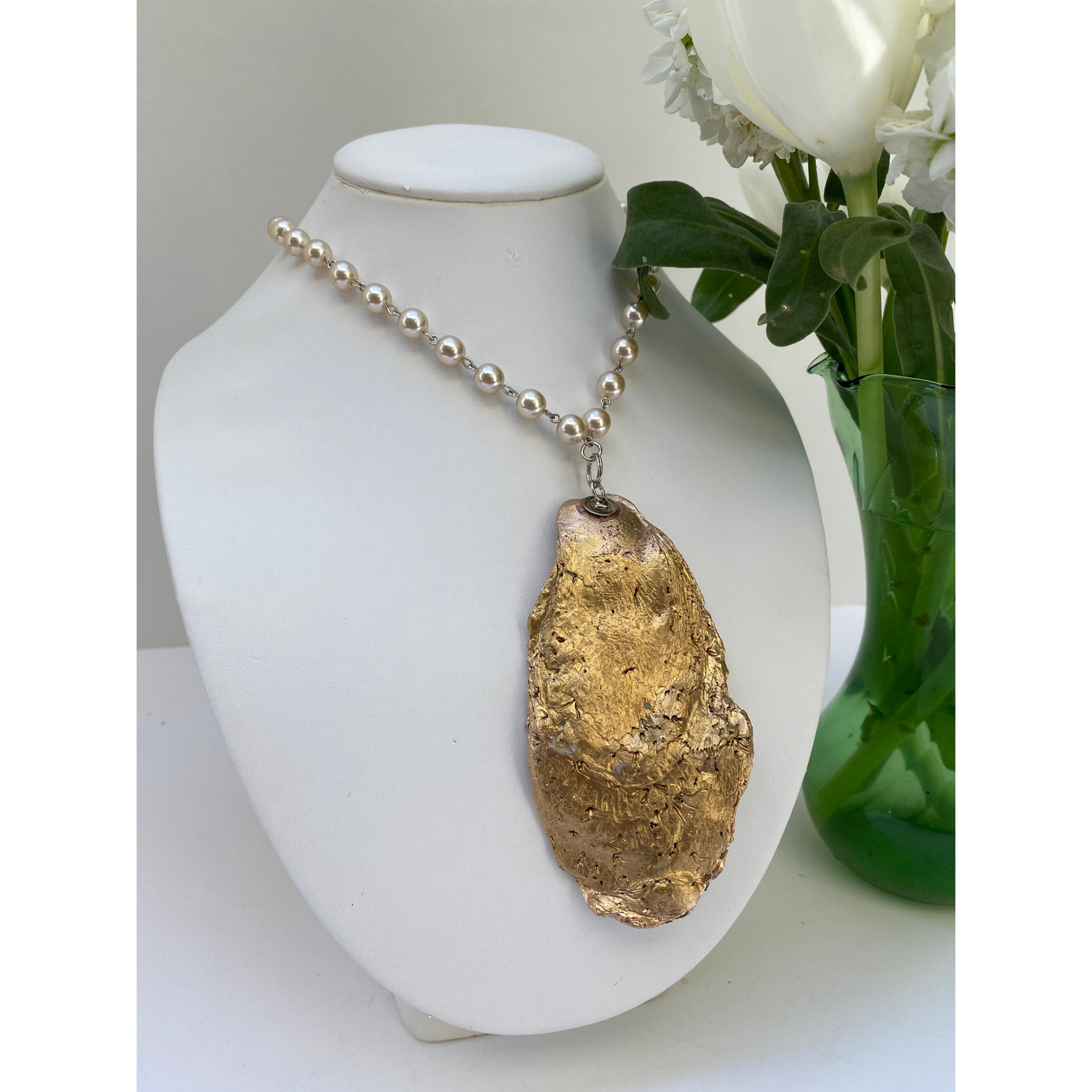 Oyster Shell Necklace, Blue and Pearls