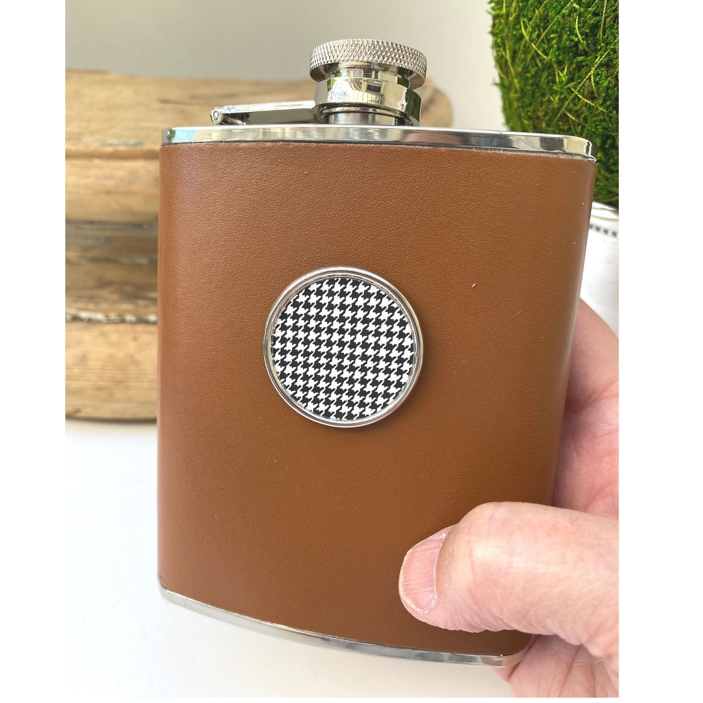 Houndstooth Leather Flask