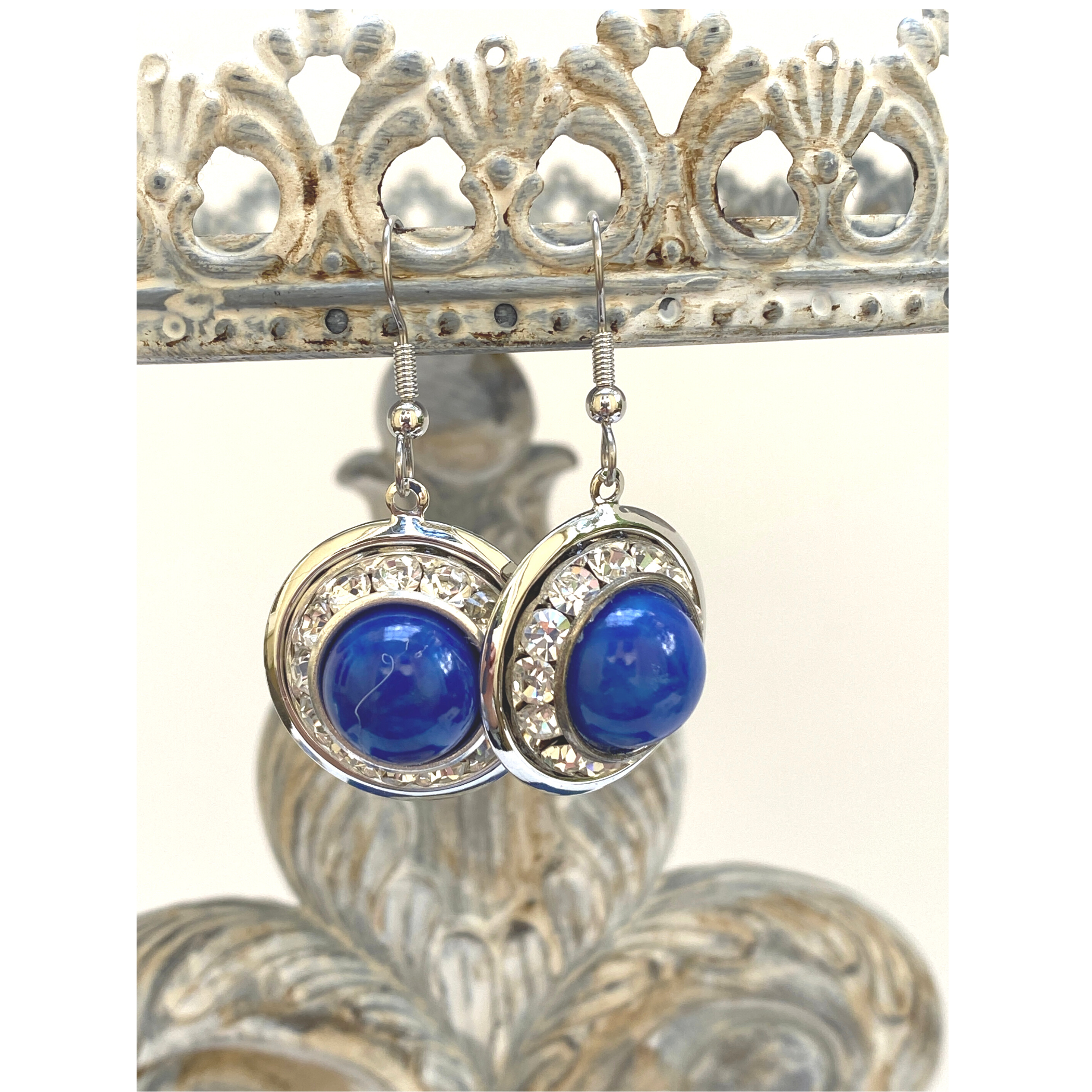 Earrings, Faux Lapis, Crystal, French Ear Wire, Handmade in USA