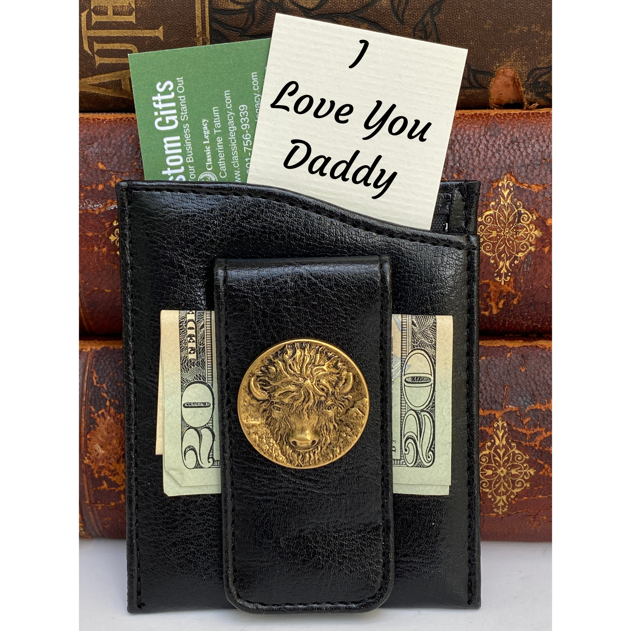 Money Clip, Black Faux Leather, Antique Gold Buffalo Head, Gift for Him