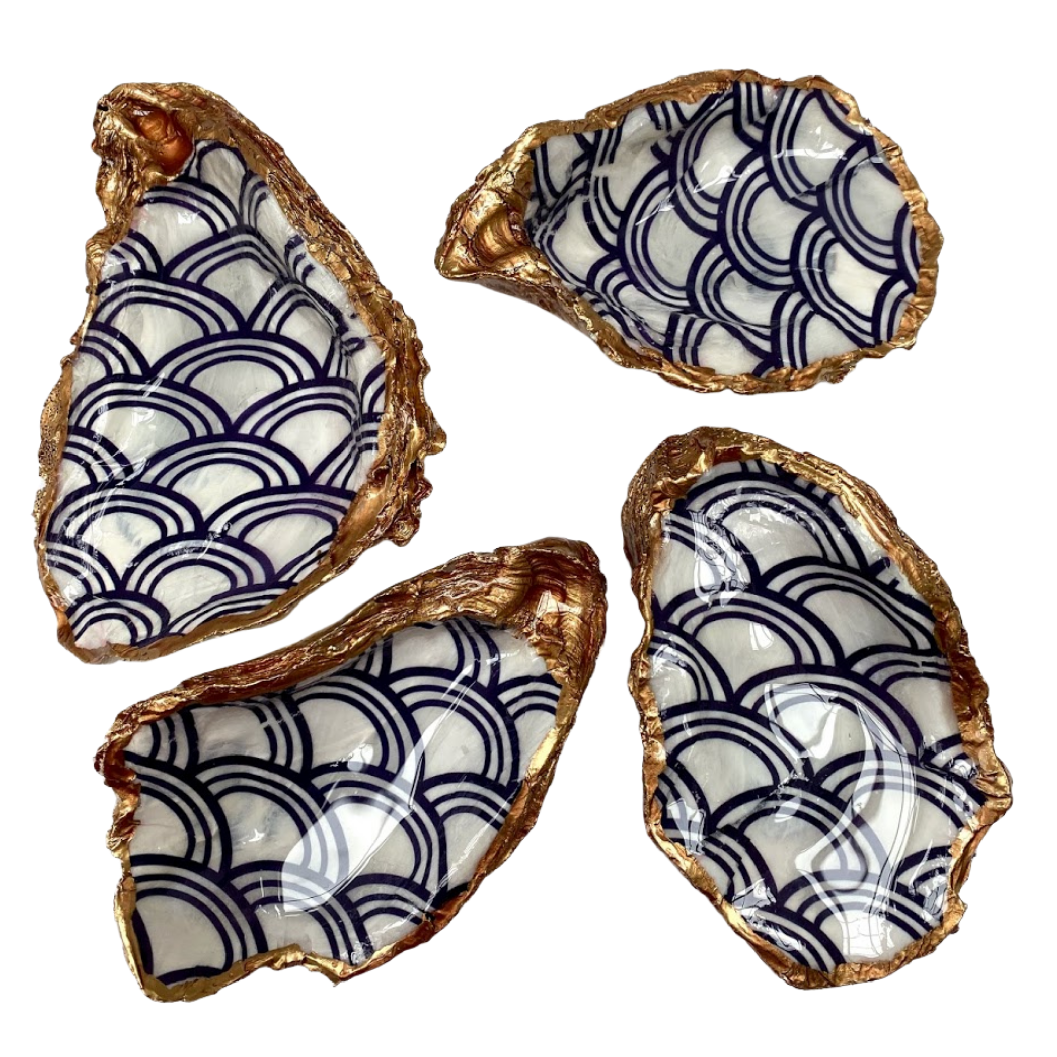Oyster Shell Art, Jewelry Dish, Blue White Seigaiha Design